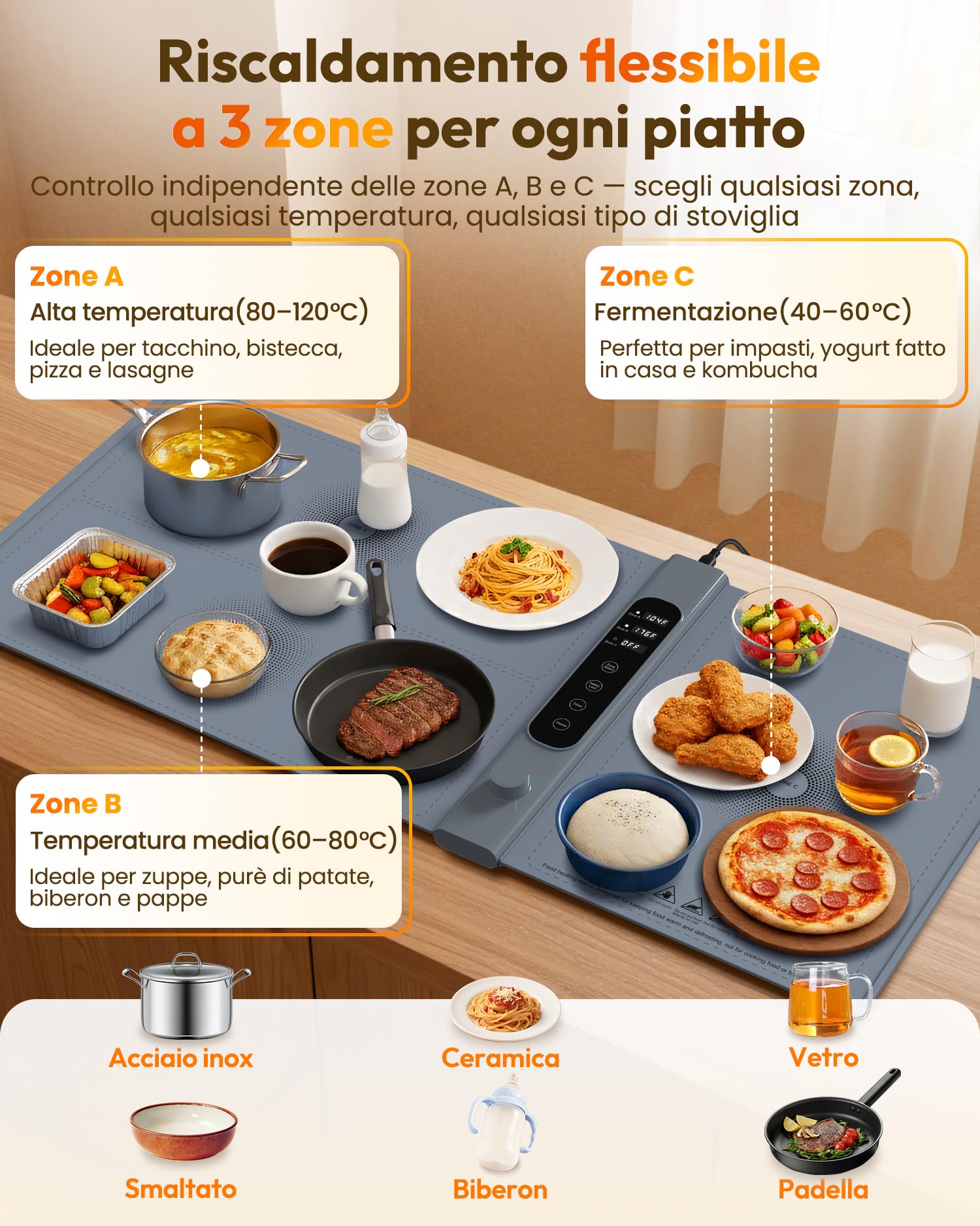 Vassoio Riscaldante Elettrico a 3 Zone Indipendenti 101×43 cm, Vassoio Riscaldante Pieghevole con 17 Livelli di Temperatura Precisi e Timer 1–6H, Tappetino Riscaldante in Silicone per Buffet e Feste