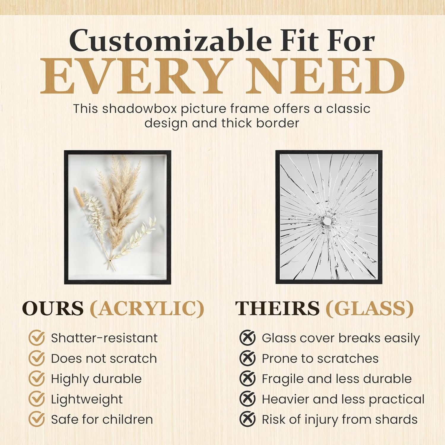 Display Frame Shadow Box - 11” x 14” - Shadow Box Frame – Display Case with Soft Felt Back - Memory Box with Shatter-Proof Acrylic - Display Shadowbox - Black (Black, 14x11- Double)