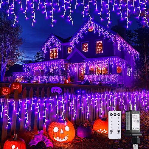 JMEXSUSS Luces moradas de carámbano para Halloween o Navidad, 33.8 pies, 400 luces LED para exteriores, impermeables, 8 modos, 80 hileras