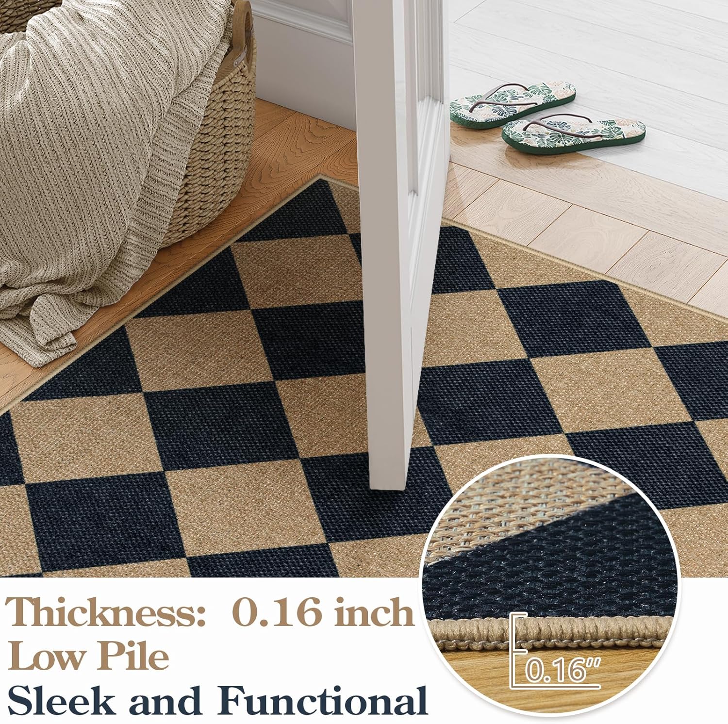 Lanffia Checkered Easy Jute Outdoor Rug, Black 3x5 Entryway Rugs for Living Room, Diamond Washable Indoor Outdoor Carpet, Neutral Non Slip Stain Resistant Front Door Carpet for Porch Patio