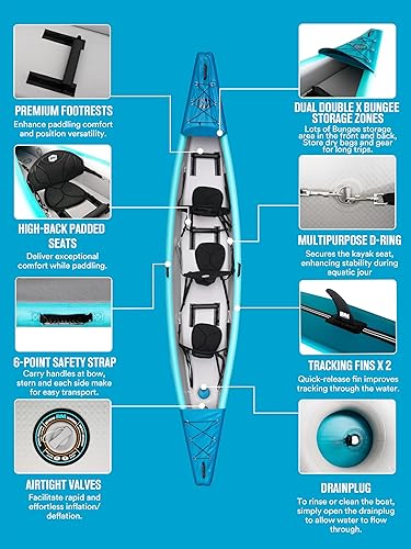 Vista 4 de BEYOND MARINA - Kayak inflable para 1, 2 y 3 personas para adultos - Kayak de costura completa con remos de aluminio, asientos, reposapiés, bomba
