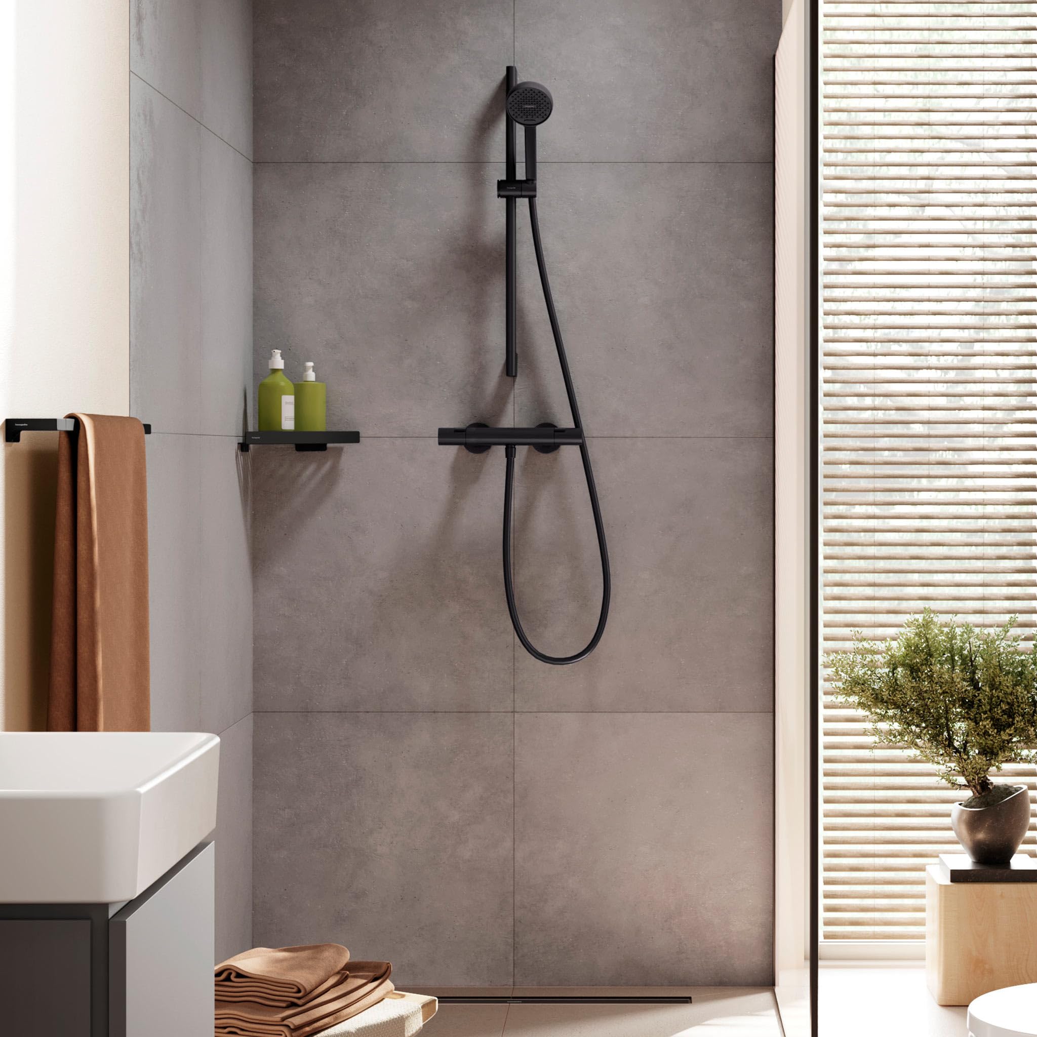 hansgrohe Activera Select S - zestaw prysznicowy z bateria termostatyczna Ecostat Fine, oszczędzająca wodę główka (EcoSmart), wąż prysznicowy, drążek prysznicowy z suwak, czarny matowy, 28876670
