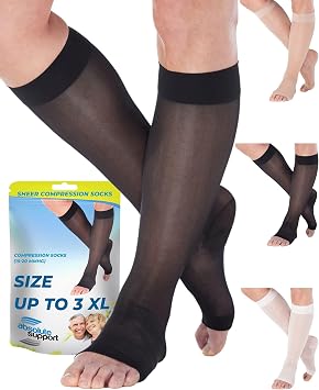 ABSOLUTE SUPPORT Women Knee High Compression Socks 15-20mmHg, Black, Large | Made in USA, open toe, sheer, reinforced heel, supports circulation & varicose veins, swelling, pregnancy, travel, A111