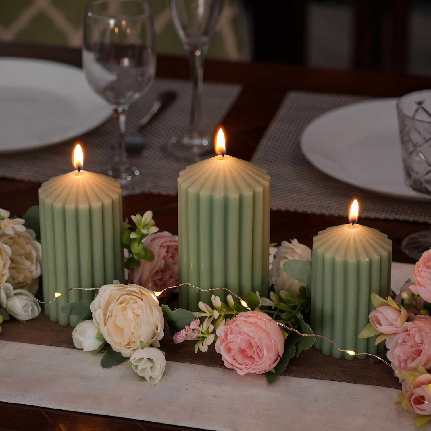 3 Pack Sage Green Ribbed Pillar Candles - Soy Wax Unscented, 2.76"x4.2/4.9/5.9 in Smokeless Non Toxic Cotton Wick, Aesthetic Modern Candles for Home Decor, Dinner Table, Living Room, Housewarming Gift