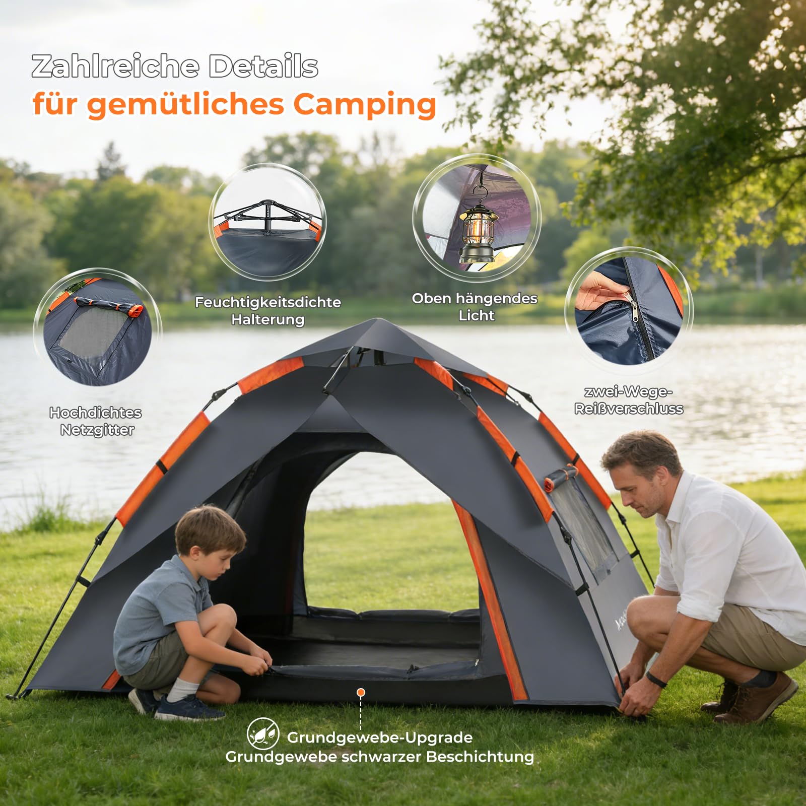 Camping Zelt 2 Personen Wurfzelt – Automatik Pop Up Zelt wasserdicht 3000mm mit 2 Türen und 2 Fenster, atmungsaktiv & luftdurchlässig, schnell aufbaubar für Camping, Strand & Festival (2.3×2.3×1.35m)