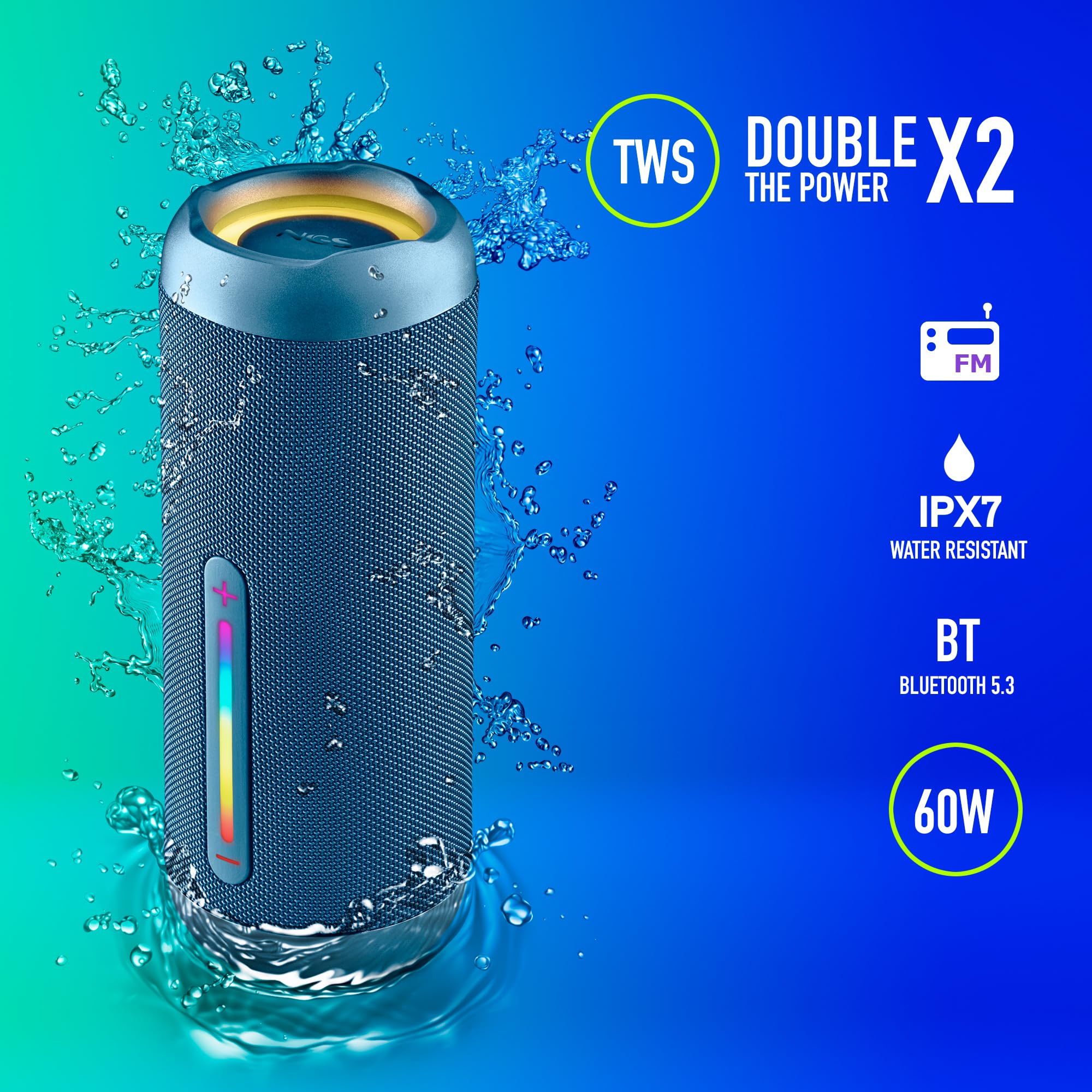 NGS Roller Furia 3 Blue - Altoparlante Wireless Compatibile con Bluetooth, Impermeabilità IPX7, 60 W, True Wireless, USB, Durata Batteria 9 Ore, Blu