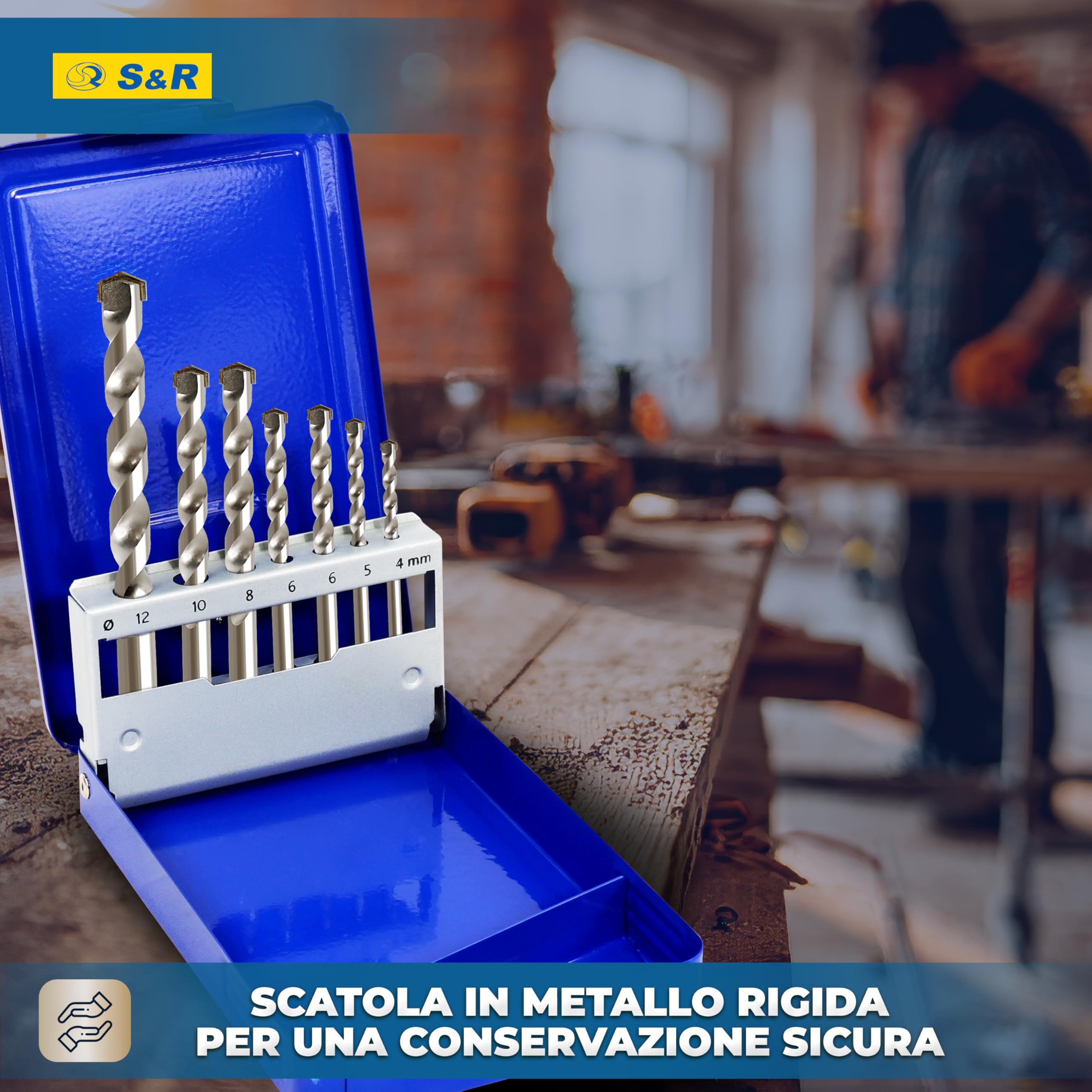 S&R 7 Punte Trapano per Muratura, Muro, Cemento. Set di Punte Miste per Ferro Metallo, Legno, Ceramica. Punte a Percussione con Attacco Rotondo.
