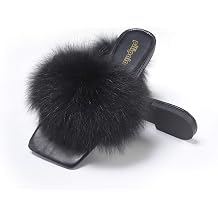 Pilipala Womens Flat Furry Slides Toe Square Fox Fur Fuzzy Sandals Fashion Dressy Shoes for Ladies Black Sexy Slippers with Open Toe