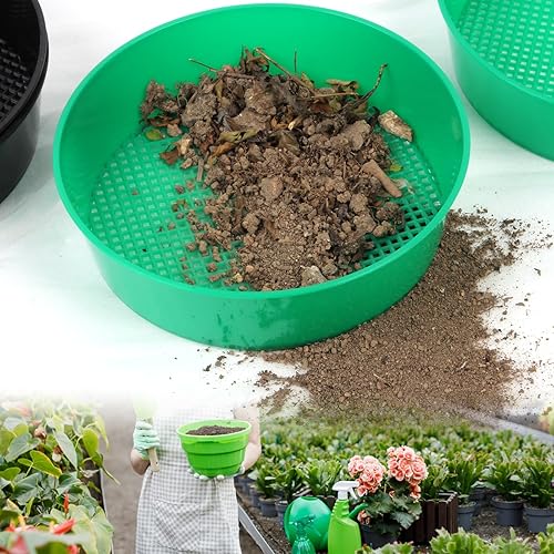 Miniatura 3 de FMTYAOIU Tamiz de compost de tierra de arena, paquete de 4 tamices de suelo de rocas, tamiz de suelo redondo de plástico, juego de tamiz de arena