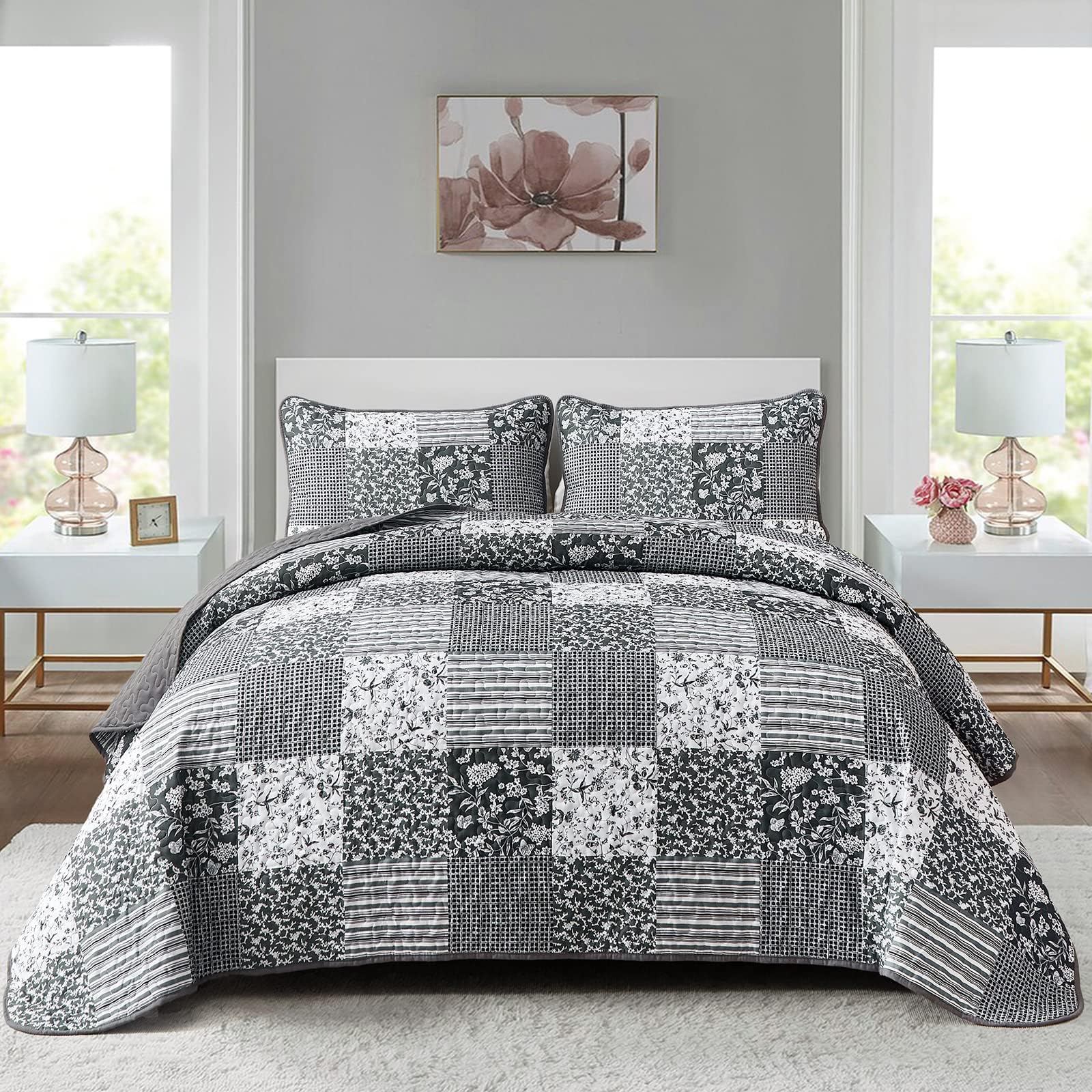 Mybedsoul Black Grey Boho Quilt Twin Size, Floral Bedspread Dorm Bedding