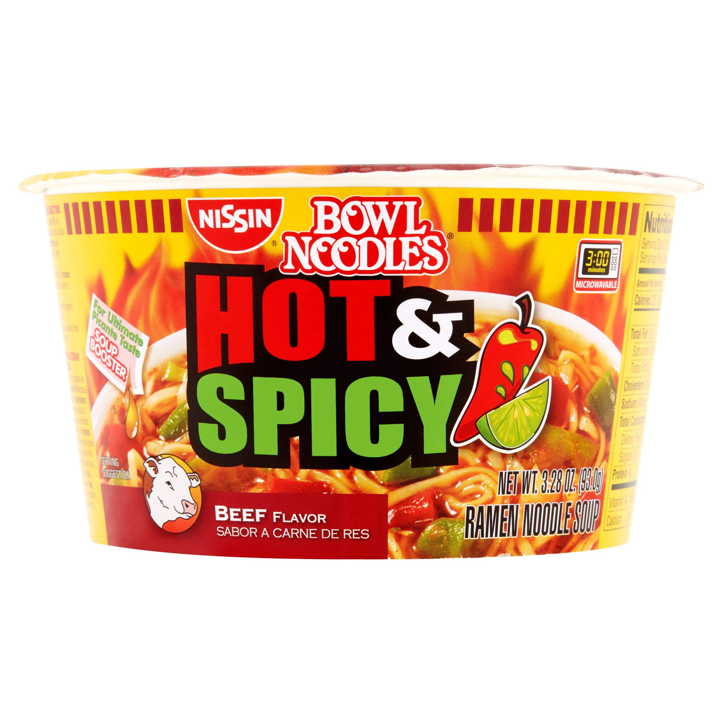 Nissin Bowl Noodles Hot & Spicy Beef Flavor 3.28-Ounce Cups (Pack of 12)