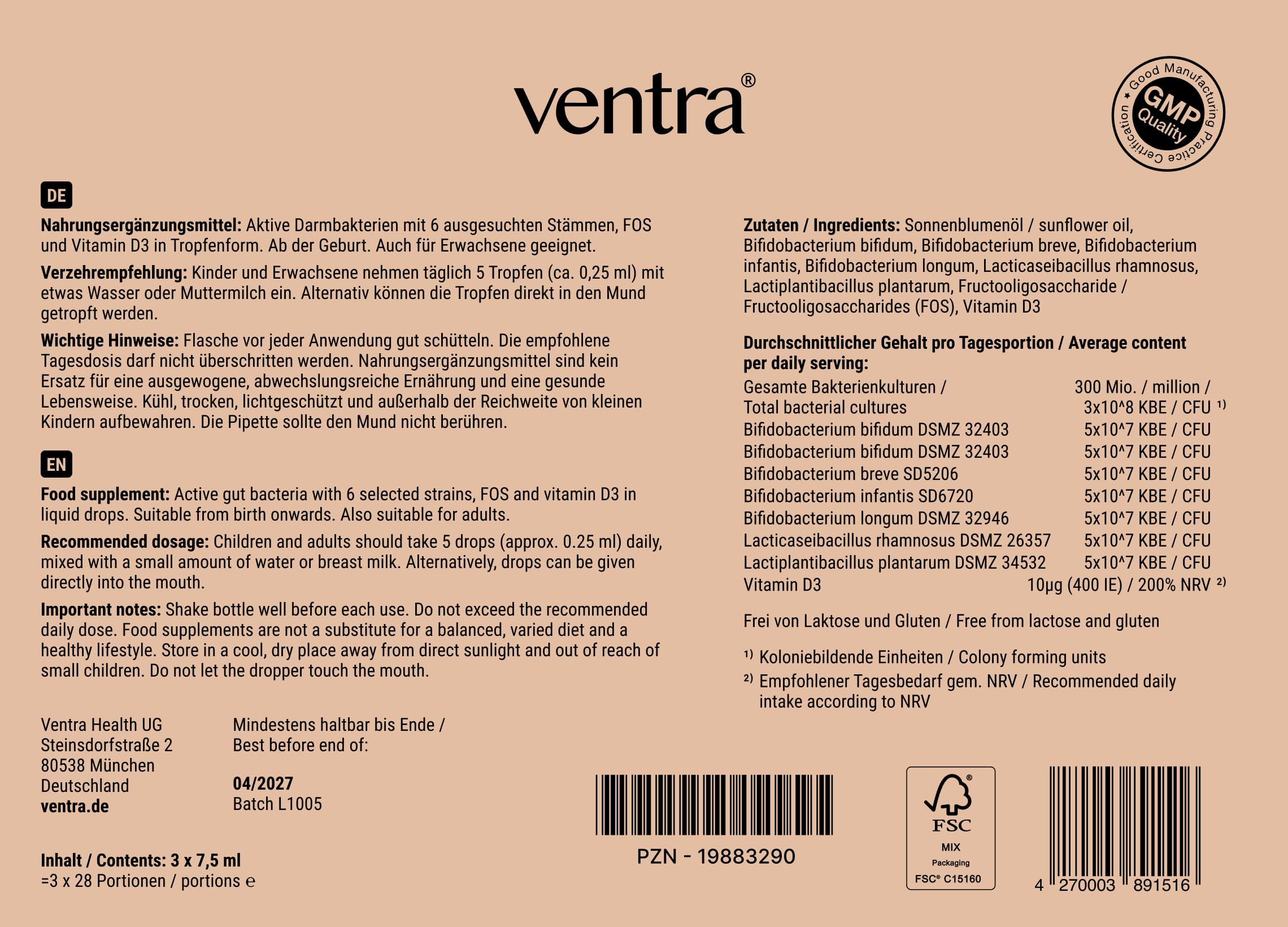 Ventra® Baby Tropfen | 3-Monatskur für Säuglinge und Mamas | Probiotika mit 6 Bakterienkulturen | Präbiotika FOS | Vitamin D3