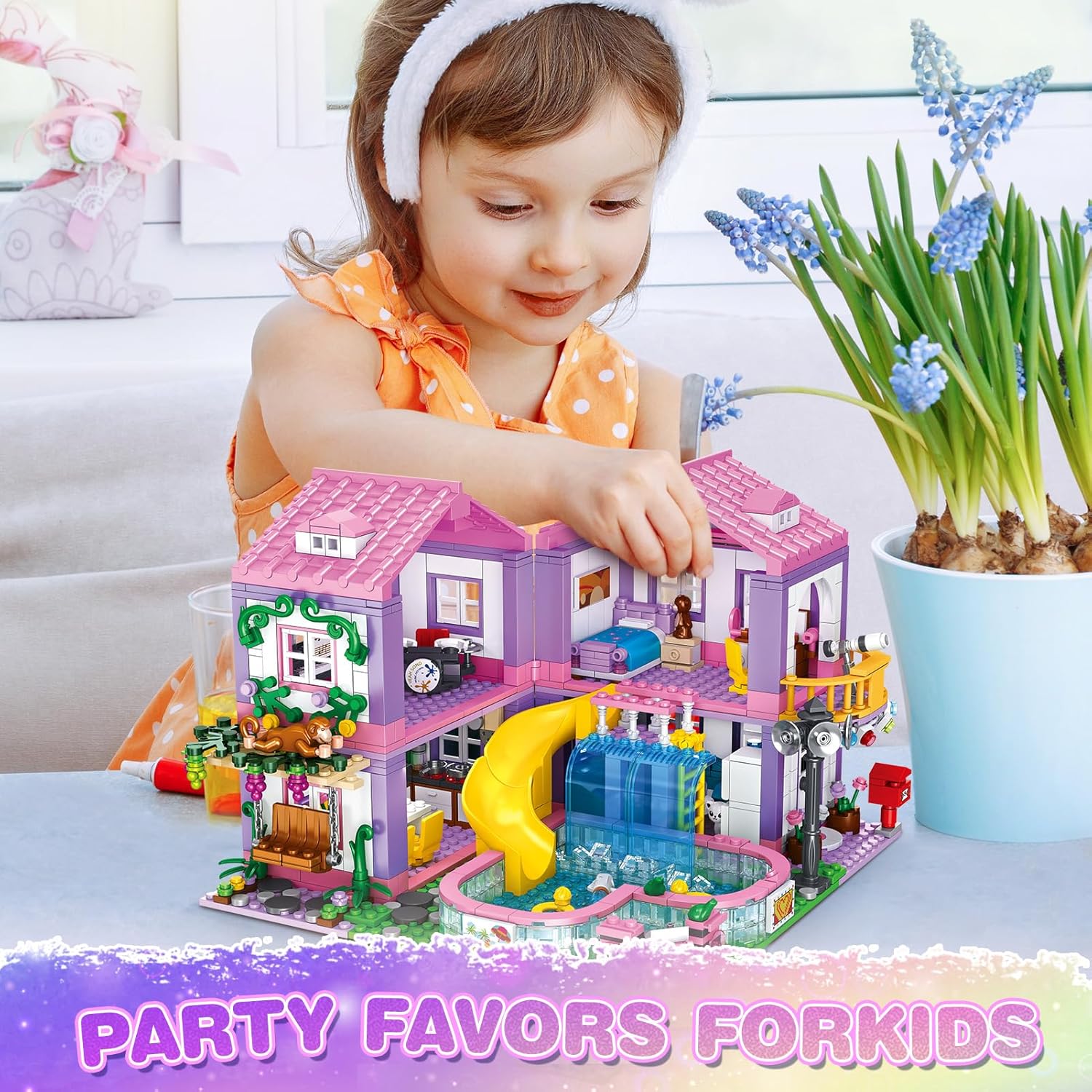 Pink Girls Summer Villa Friends Building Block Set, Compatible with Lego Friends, Educational 3 in 1 Construction Toy with Pool, Slide, Monkey and Swing for Kids Age 6 8 12 and Up, 1026PCS - Image 4