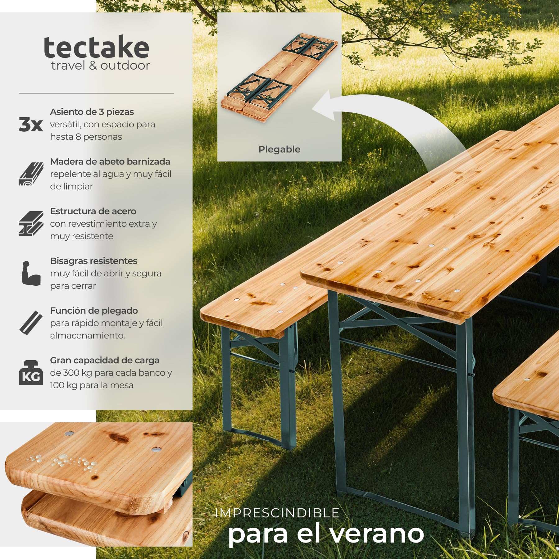 tectake® Conjunto Jardin Exterior, Mesa Picnic Madera con Bancos para Exterior, Resistente, Exterior Ideal Camping, Mesa Plegable Jardin, Muebles de jardín compactos