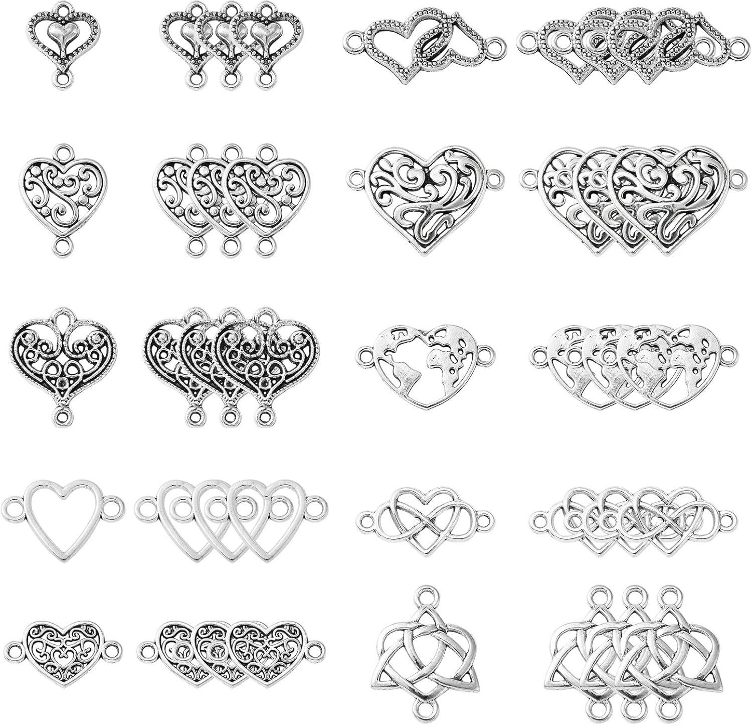 UR URLIFEHALL 100 Pcs Antique Silver Filigree Heart Charm Links Tibetan Double Loops Love Heart Connector Charms for DIY Jewelry Making Findings