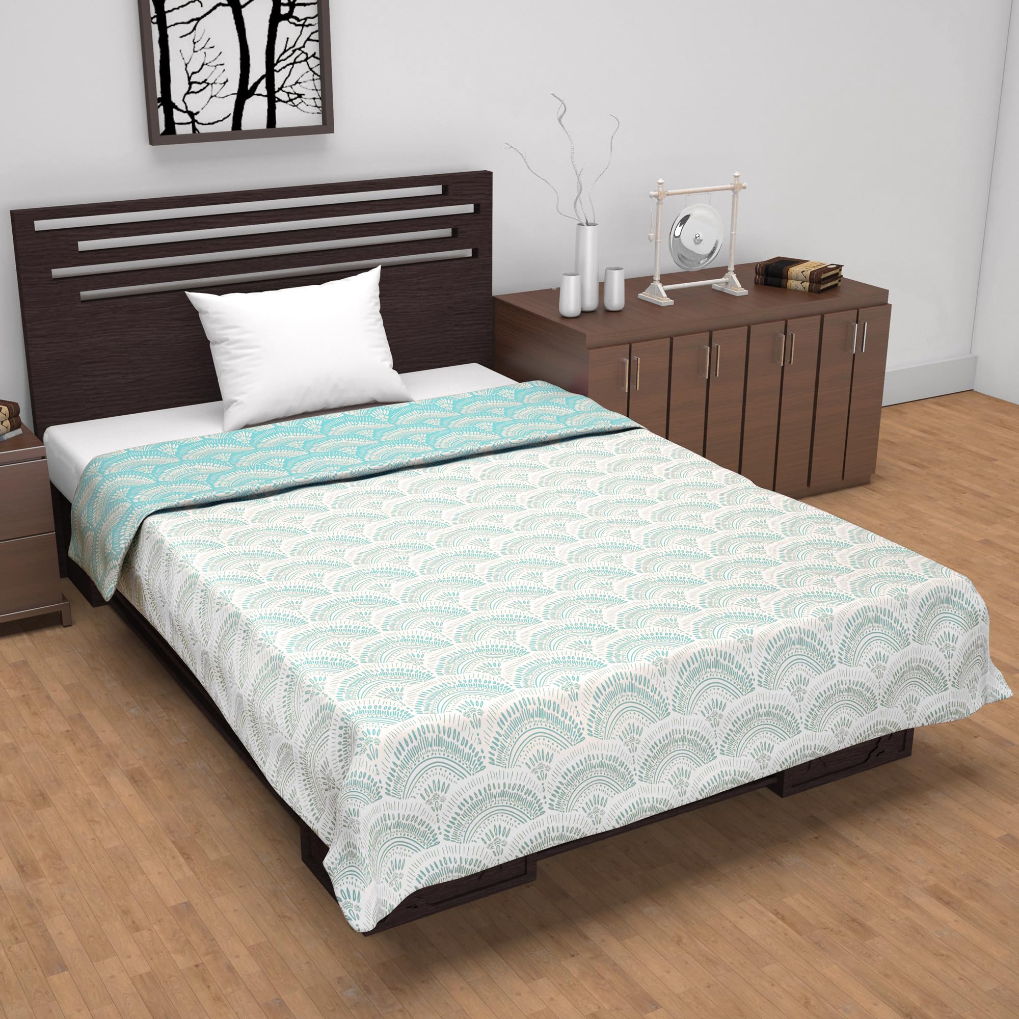 Divine Casa 120 GSM Microfiber Single Dohar | Soft & Lightweight Throw Blanket | Cozy & Breathable | All-Season Comfort | 210 x 140 CM | Art Deco Fan Pattern | Aqua & White 1