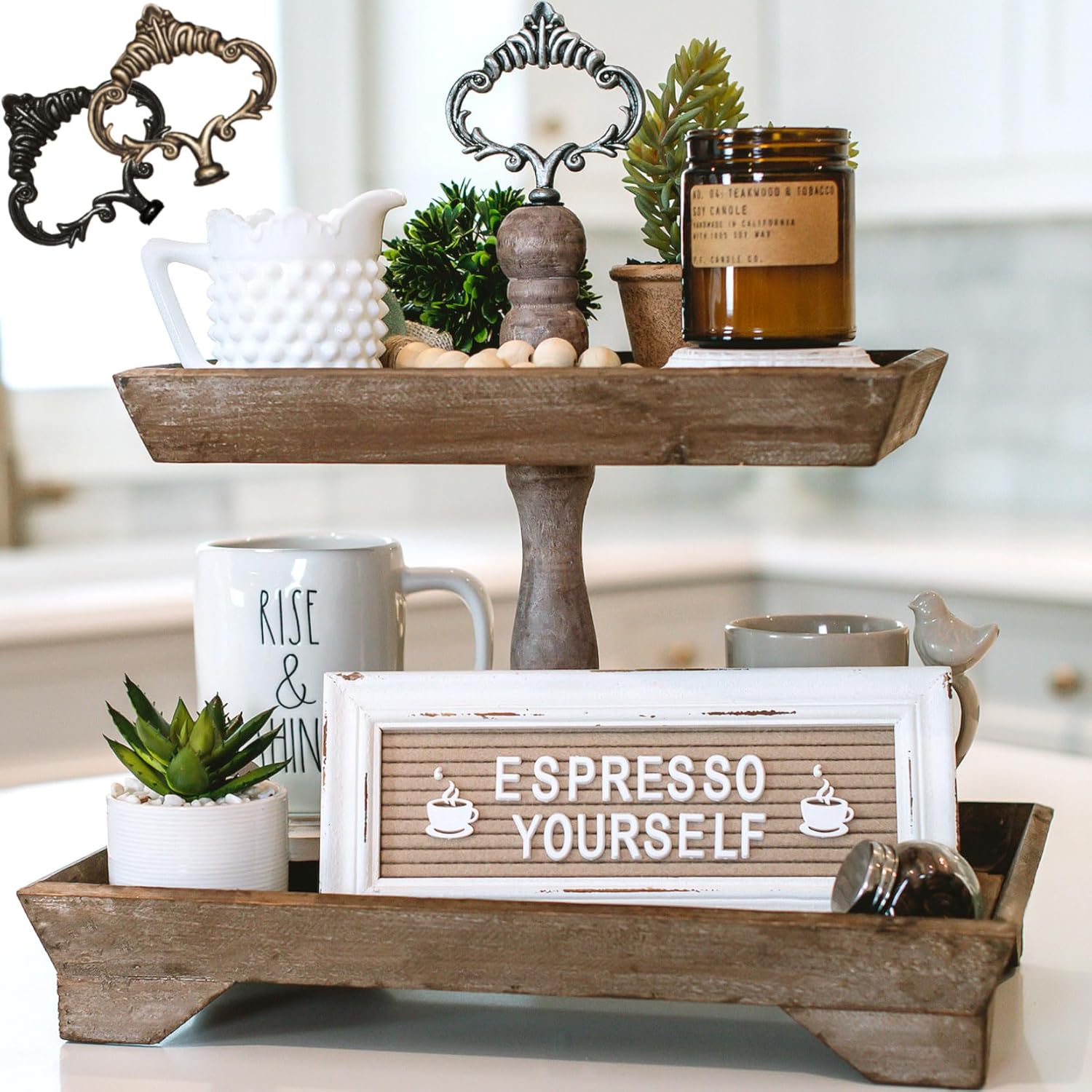 Rectangle 2 Tier Serving Tray Distressed Rustic Wood Two Tiered Tray for Coffee Bar, Counter