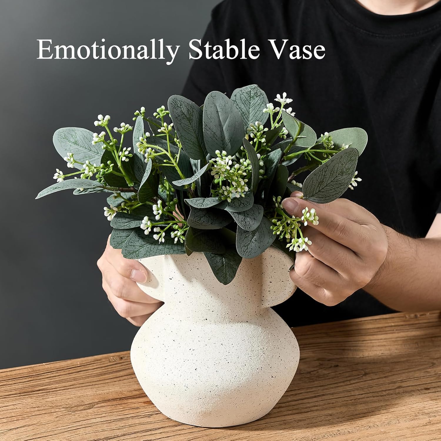 Emotionally Grounded Vase, Vaseking Ceramic Rustic Vase with 2 Handles, 6.1 inch Minimalist Decorative Farmhouse Vases for Home Decor, Living Room, Enterway, Table Decoration, Speckled White - Image 4