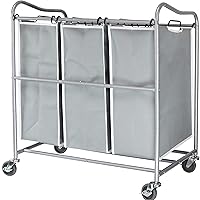Vista 3 de Simple Houseware Carrito clasificador de lavandería de 3 bolsas resistente + cesta plegable para ropa sucia