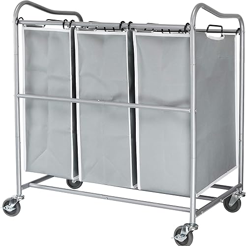 Miniatura 3 de Simple Houseware Carrito clasificador de lavandería de 3 bolsas resistente + cesta plegable para ropa sucia