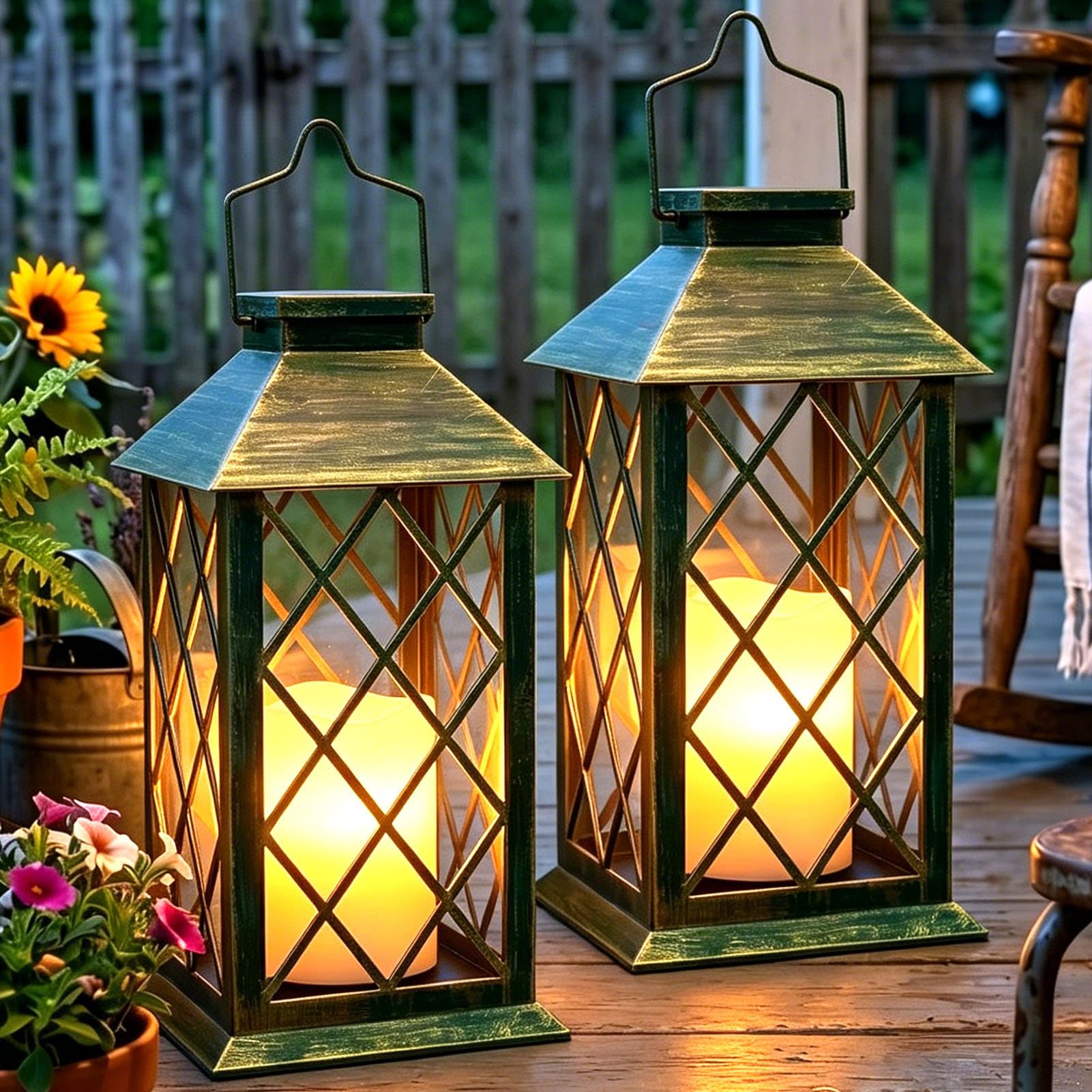 Dekofun 2 Pack 35cm Solar Lanterns for Outside, Waterproof Hanging Solar Lights with Flickering Candle, Auto On/Off Outdoor Garden Lanterns for Table Tree Grave Patio Pathway Balcony Ornaments-Bronze