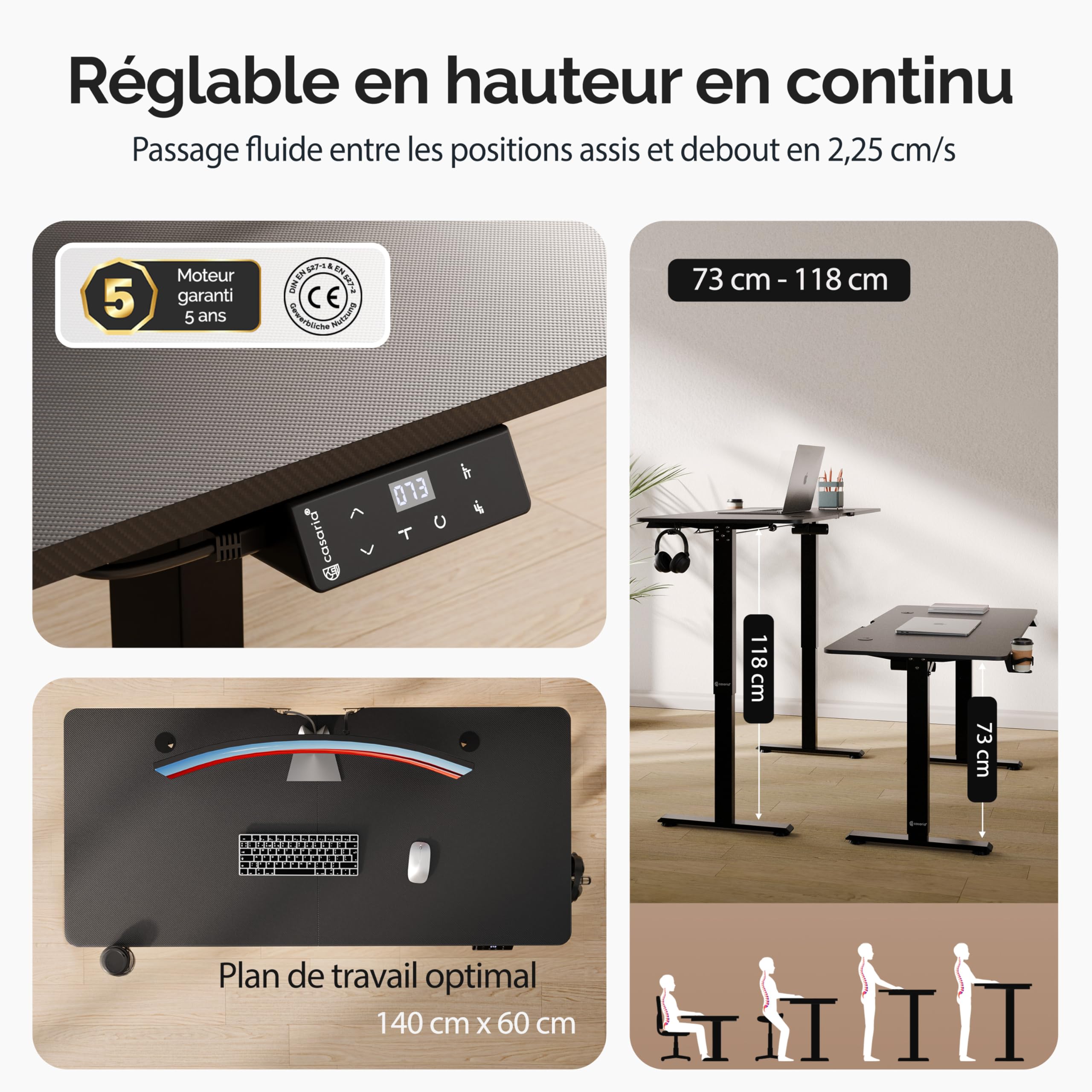 Casaria Bureau réglable en Hauteur électrique Noir 140cm Bureau Assis Debout écran LCD Support Accessoires télétravail