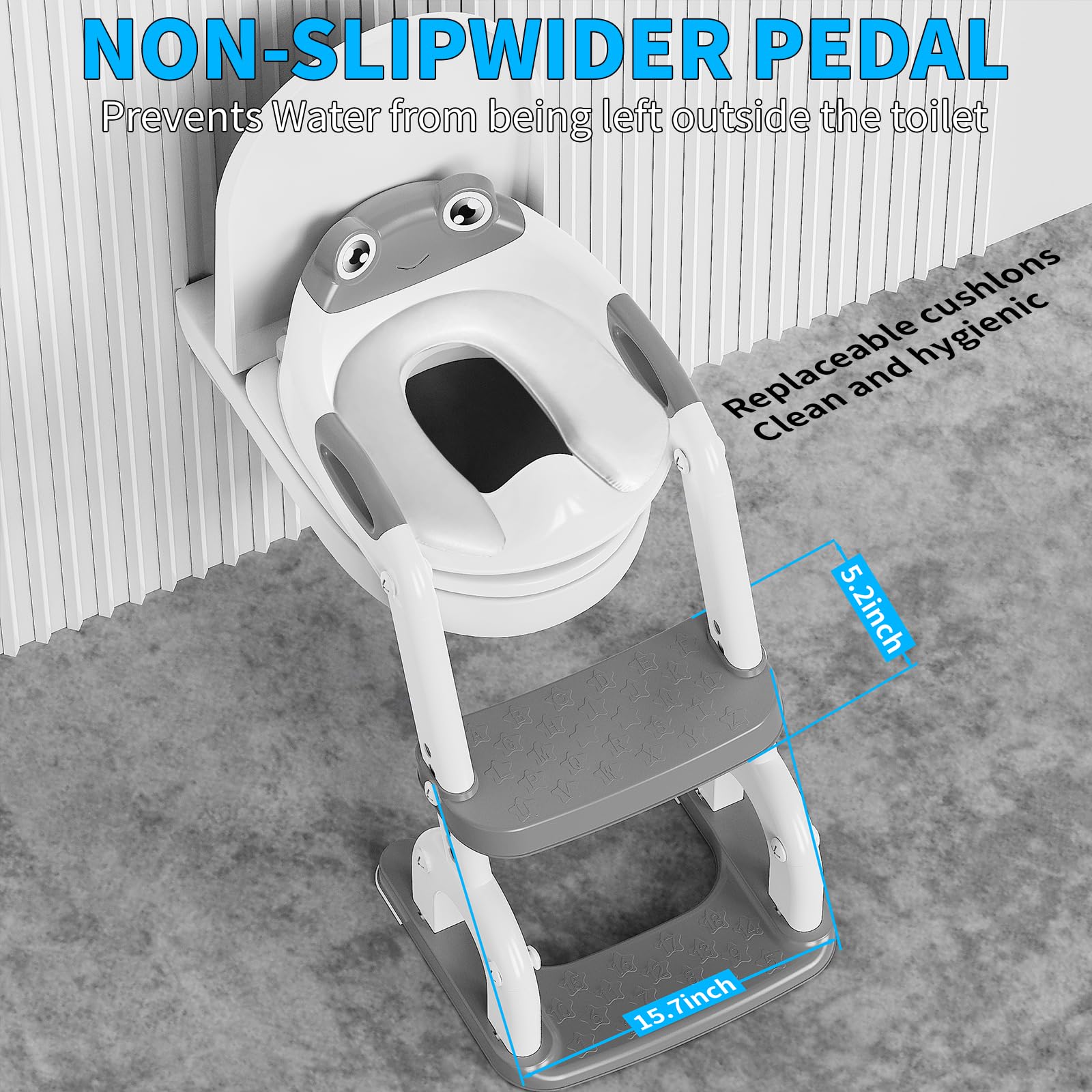 Sedile WC per bambini con scale, regolabile in altezza in 8 posizioni e pedana extra larga, antiscivolo, con vestibilità morbida e paraspruzzi – Sedile WC pieghevole per bambini, motivo rana