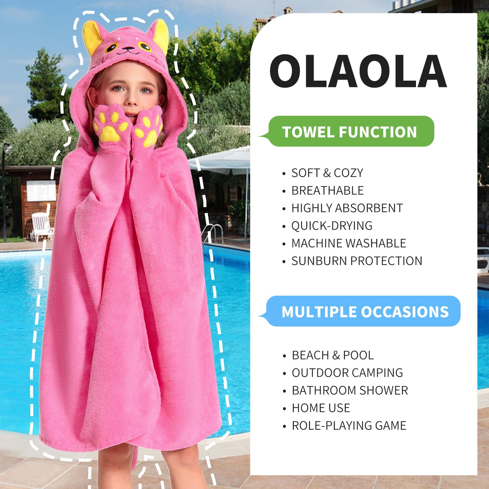 OLAOLA Kids Hooded Bath Towels, Soft Absorbent Beach Towel Swimming Wrap, Changing Robe Bath Poncho for Boys Girls 3-12 Years, Cat - Image 3
