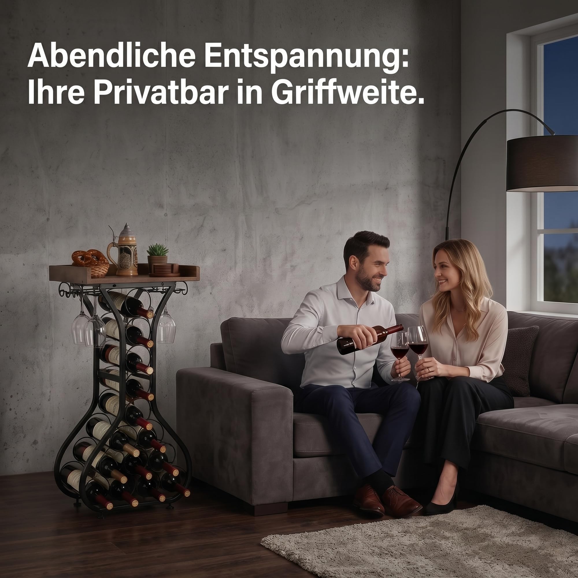 Weinregal Freistehend für 14 Flaschen, Weinflaschenhalter aus Metall mit Glashalter für 4 Gläser und Holzplatte, Flaschenregal Weinständer im Vintage-Design für Küche, Wohnzimmer, Hausbar