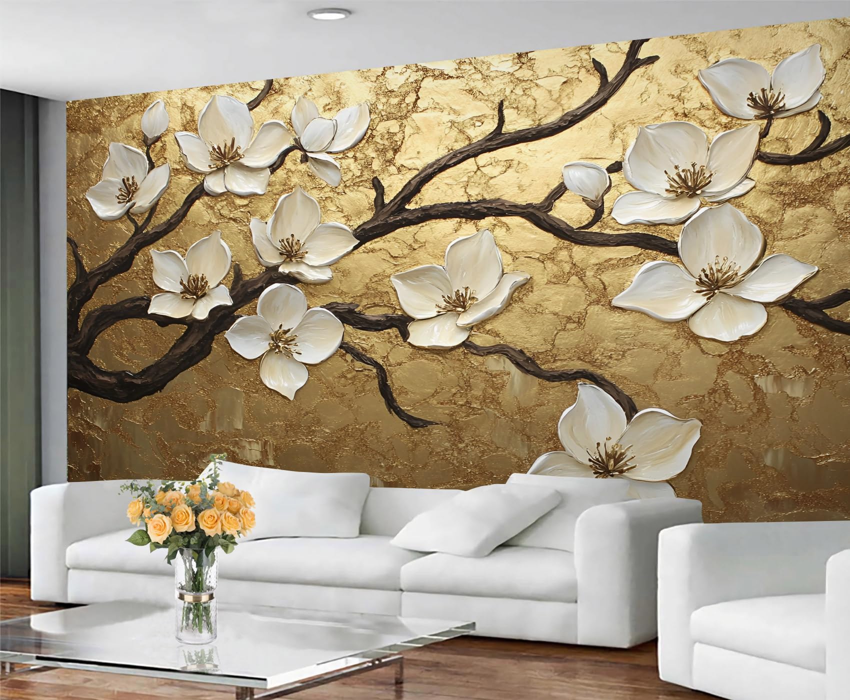 GIVLWF Golden Magnolia Wallpaper & Mural, White Flowers Wallpaper for Living Room, Elegant Floral Relief Bedroom Wall Paper, Non-Self-Adhesive Luxurious Murals for Walls