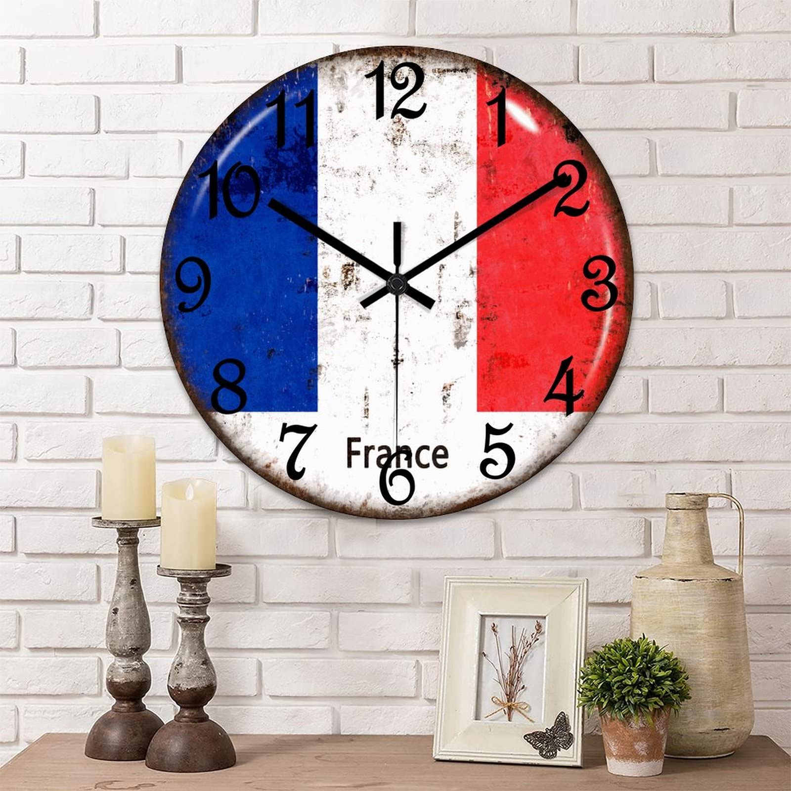 Horloge murale ronde en bois drapeau France 38cm salon