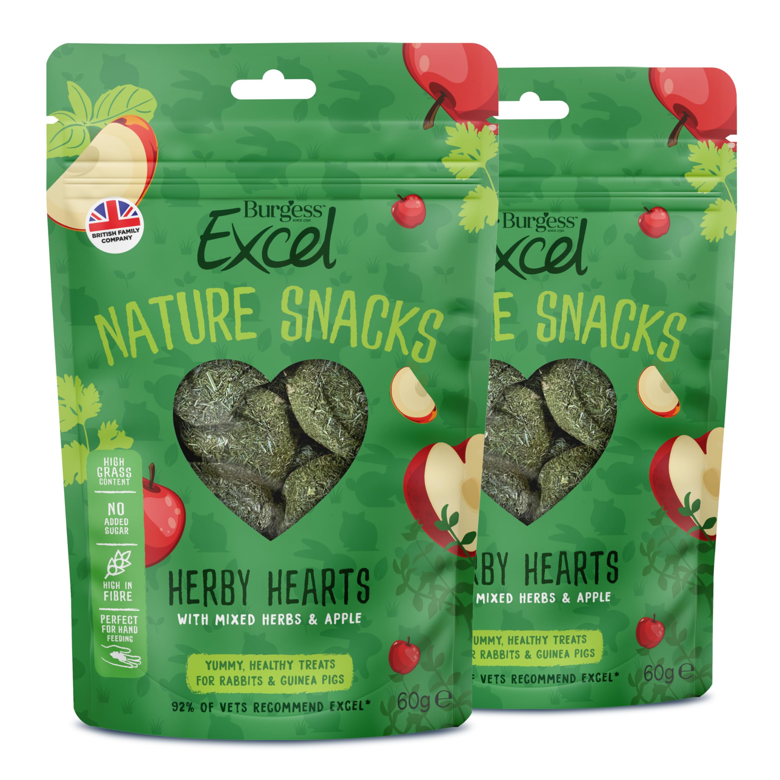 Burgess Excel Herby Hearts Rabbit & Guinea Pig Treats - 120g - Rabbit & Guinea Pig Baked Treats Made with Herbs & Apple - High Fibre, Small Animal Snacks (Pack of 2)