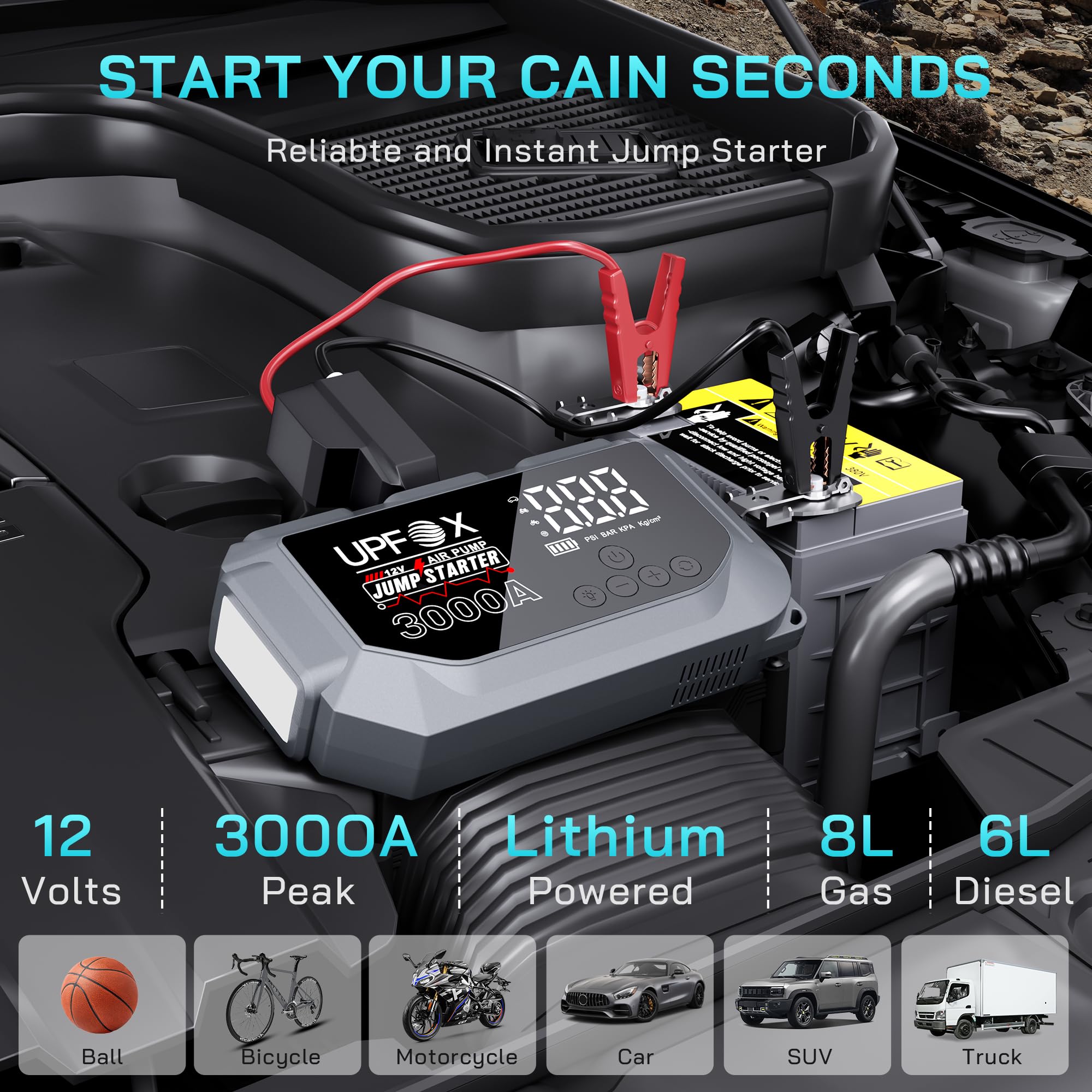 3000A Jump Starter with Air Compressor 12V Portable Car Jump Starter for 8 0L Gas 6 0L Diesel — view 3