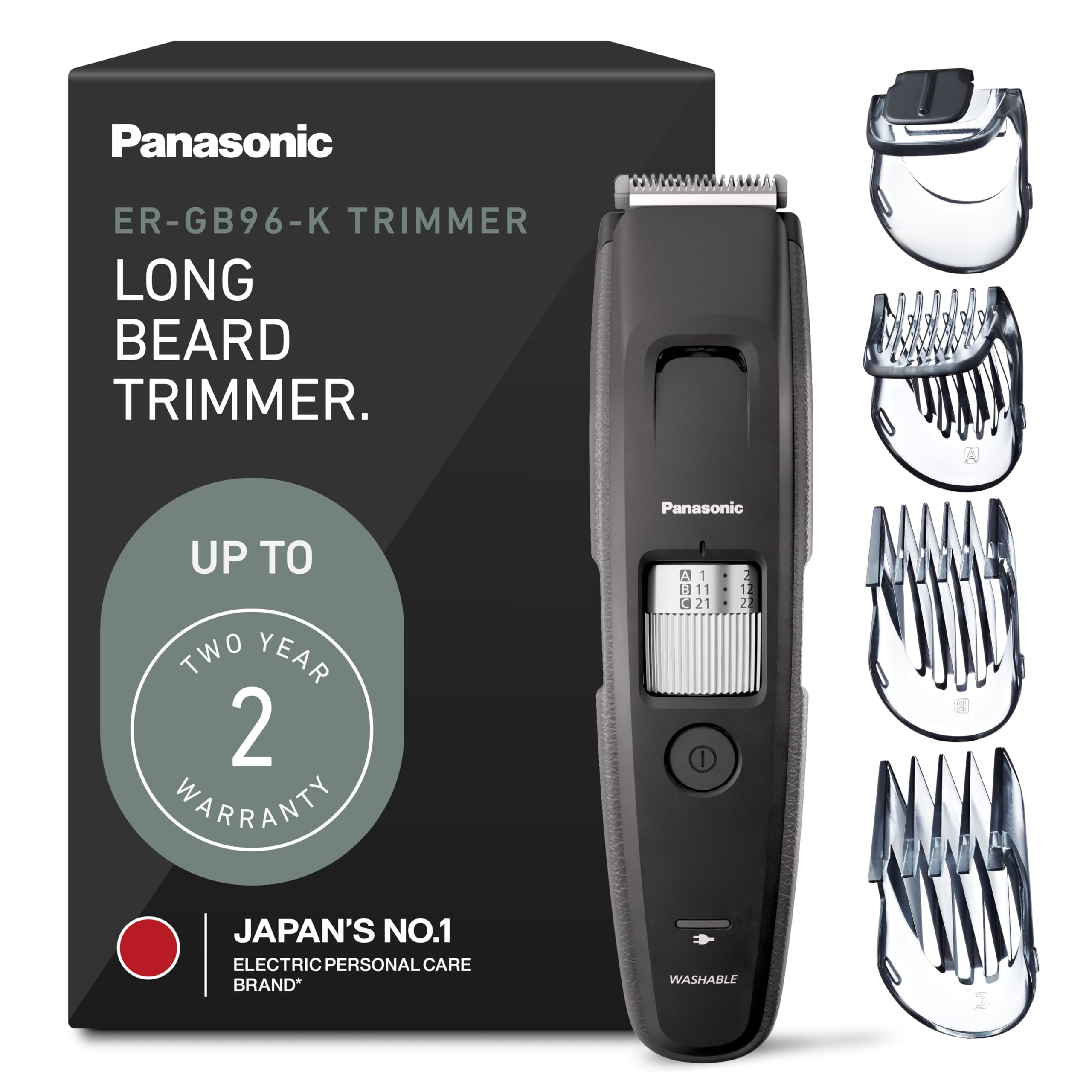 Long Beard Trimmer for Men, 58 Length Settings and 4 Attachments to Cut and Detail, Corded or Cordless Beard Trimmer for Men – ER-GB96-K (Black)