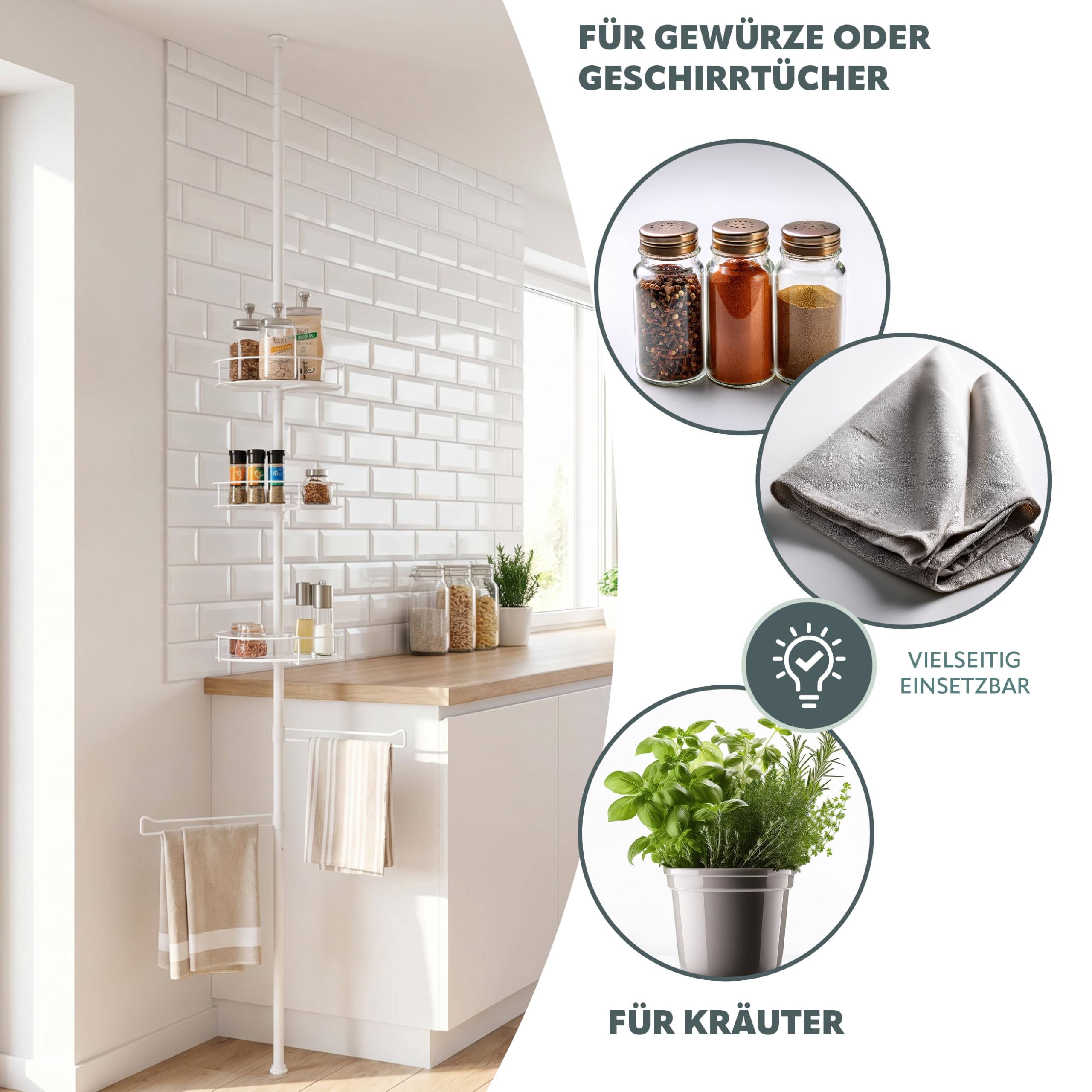 bremermann Teleskop-Badregal mit 3 Körben und 2 Haltern für Handtücher, ideal für Shampoo, Kosmetikartikel, Badutensilien uvm., höhenverstellbar bis max. 290 cm, aus Metall in Weiß