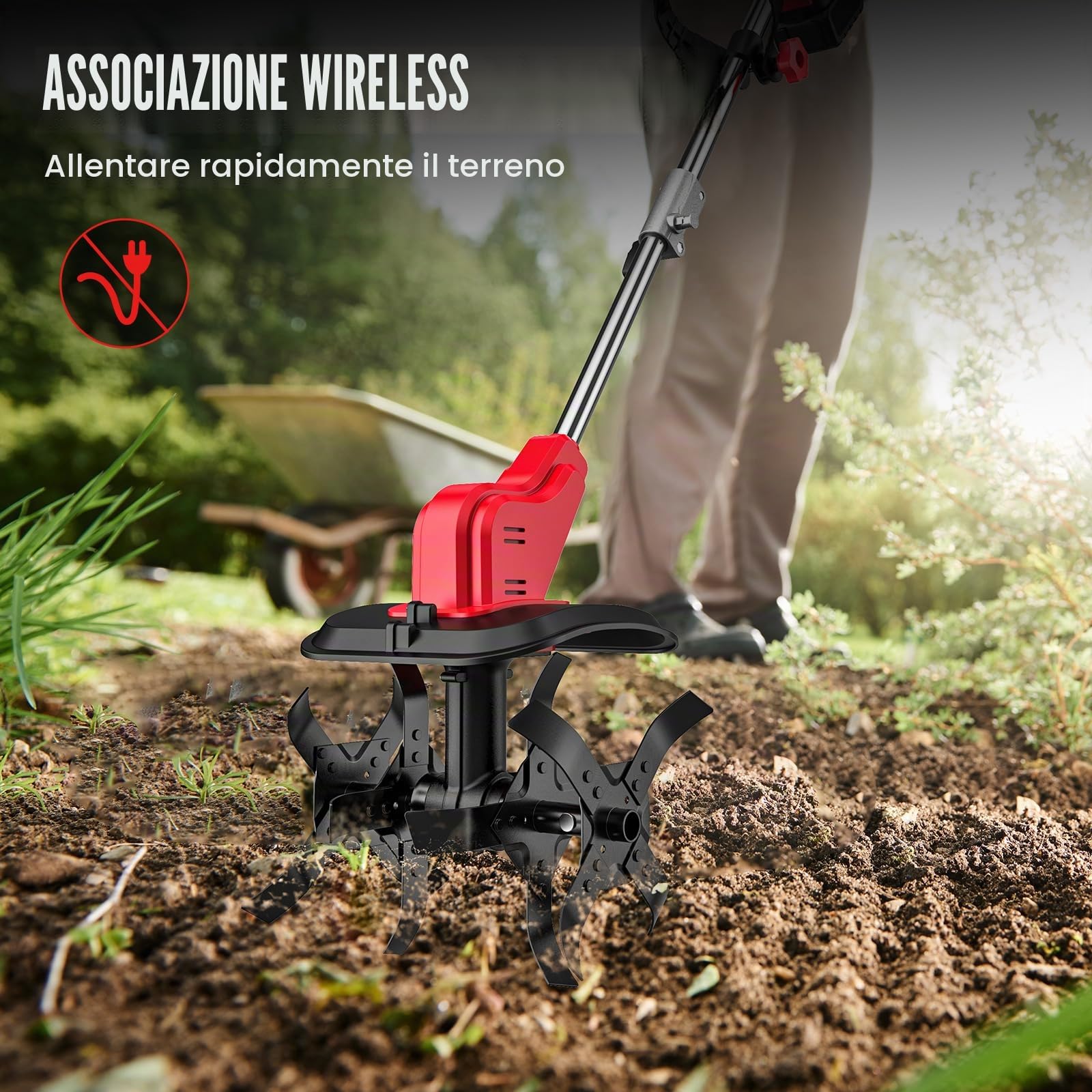 Fresa da giardino, mini motozappa, batteria da 21 V, 550 W, larghezza di lavoro 30 cm, profondità di lavoro 200 mm, 4 robusti coltelli da hacking, manico pieghevole, per piccole aiuole e giardino (2