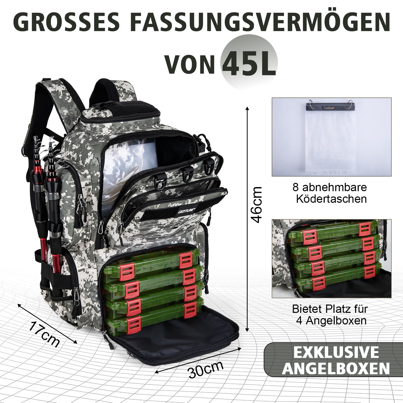 Goture Mochila de pesca de 45 litros con dos soportes para cañas y protector de lluvia, tela Oxford 600D, bolsa impermeable para aparejos de pesca con compartimento ajustable, Estilo A: Motif