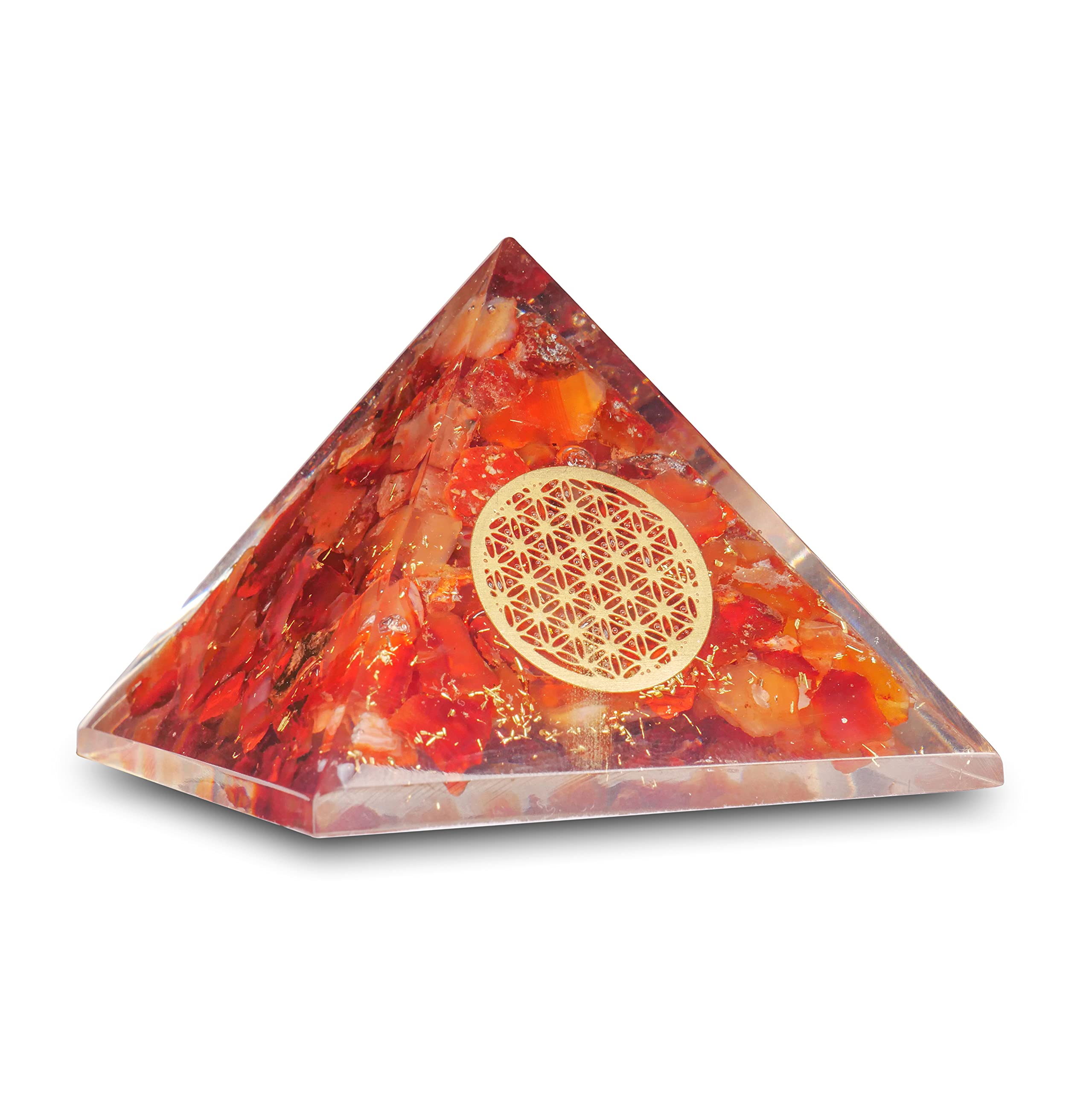 FASHIONZAADICarnelian Crystal Yoga Meditation Orgonite Pyramid Décor Promotes Positive Energy, Good Luck, Chakra Balancing, Reiki Healing Crystals Cleansing Stones Figurine, Flower of Life Symbol
