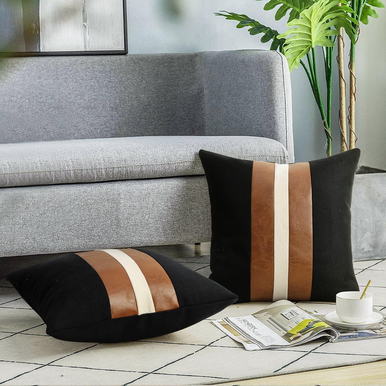 JASEN Set of 2 Faux Leather Pillow Cover 20x20, Black and White Decorative Throw Pillow Covers Brown Modern Stripe Accent Cushion Cover Couch Bed Sofa