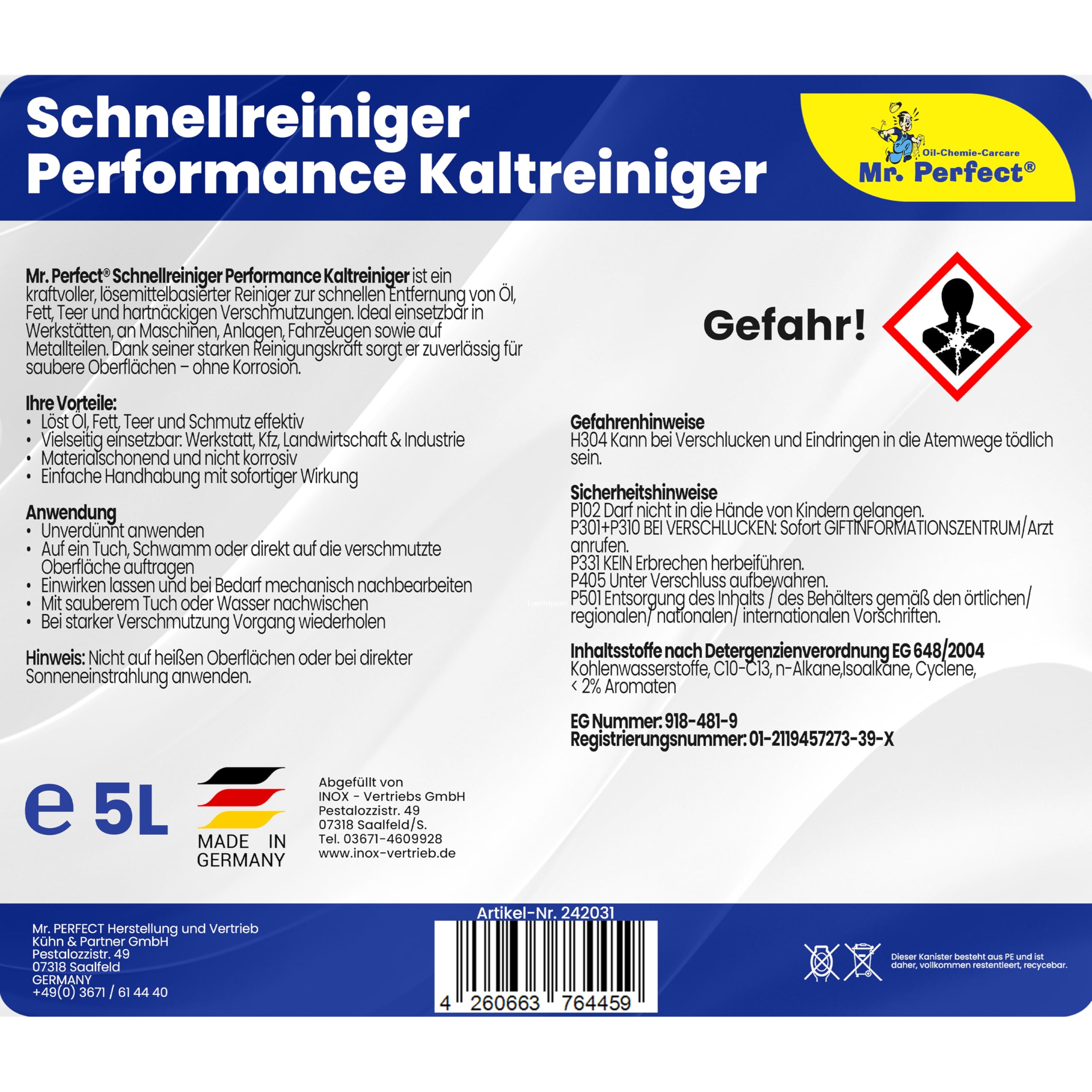 Mr. Perfect® Nettoyeur Rapide Performance pour les résidus de graisse et d'huile, 5L