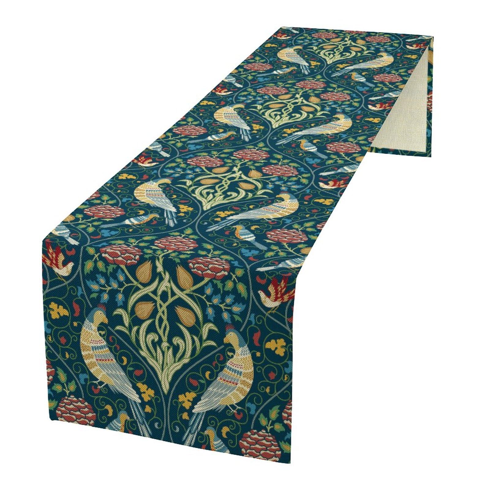 Vintage Bird Table Runner, William Morris Original Design Boho Vintage Flowers Table Runner for Kitchen Dinning Room Party Picnic Decor 13x36 Inch
