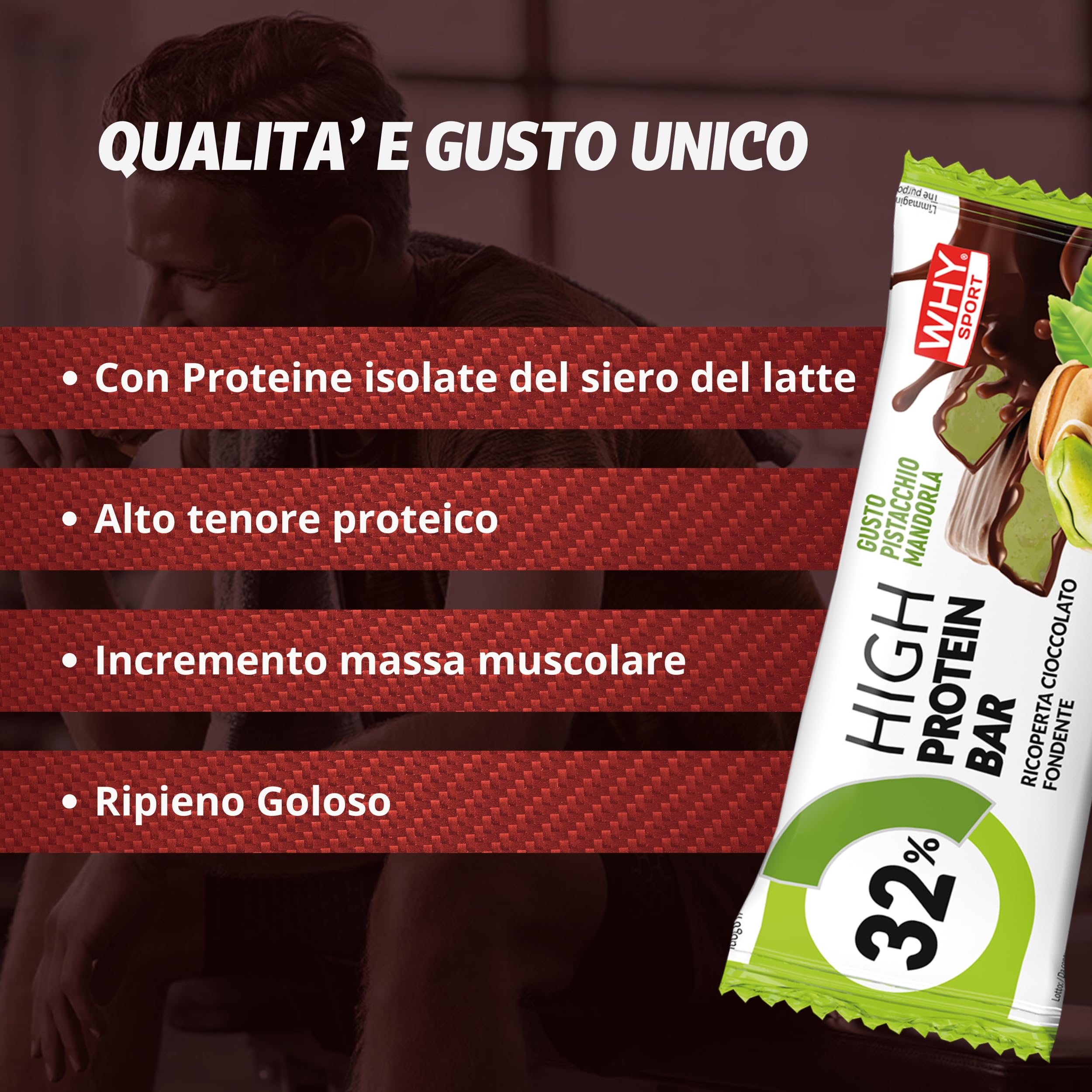 WHY SPORT 32% HIGH PROTEIN BAR- Barrette Proteiche Ricoperte e Ripiene - Barretta Proteica Senza Glutine - Snack Proteico - Box 24 Barrette da 50 gr (Pistacchio)