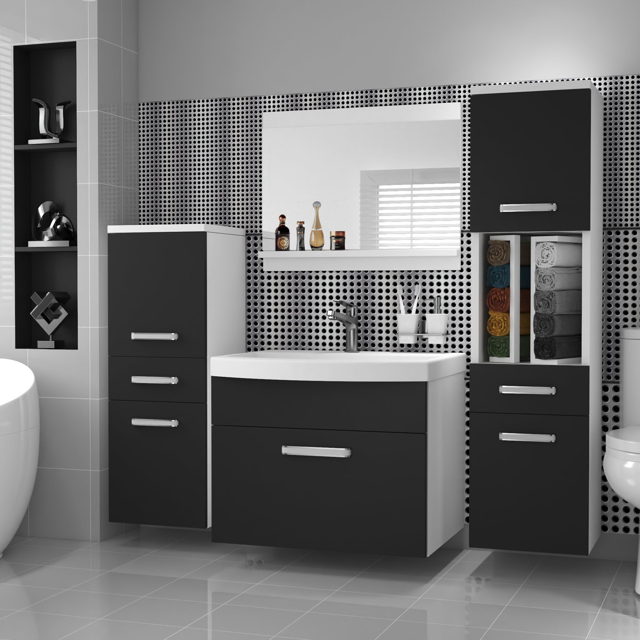 Belini PRIM5 Szafka łazienkowa pod umywalkę 120 cm czarna matowa | Czarne matowe meble łazienkowe, montaż ścienny, mechanizm soft-close, panel drewniany FSC, umywalka i lustro w zestawie