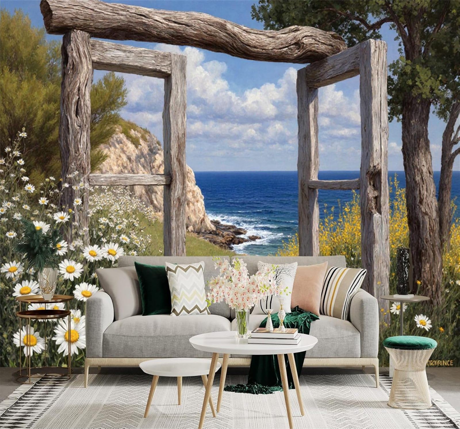 Xlming 200Cm×140Cm(B×H) Wooden Door Coast Path Seascape Wildflowers 3D Wallpaper Premium Textured Silk Study Dining Living Room Bedroom Sofa Tv Wall Easy Install-200Cm×140Cm