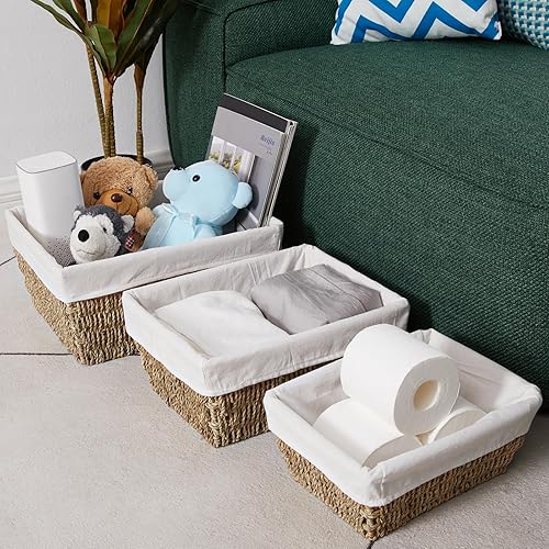 Miniatura 3 de Vagusicc Cesta de almacenamiento, cesta de almacenamiento de mimbre de hierba marina con asas integradas, cestas de mimbre para organizar, cestas de