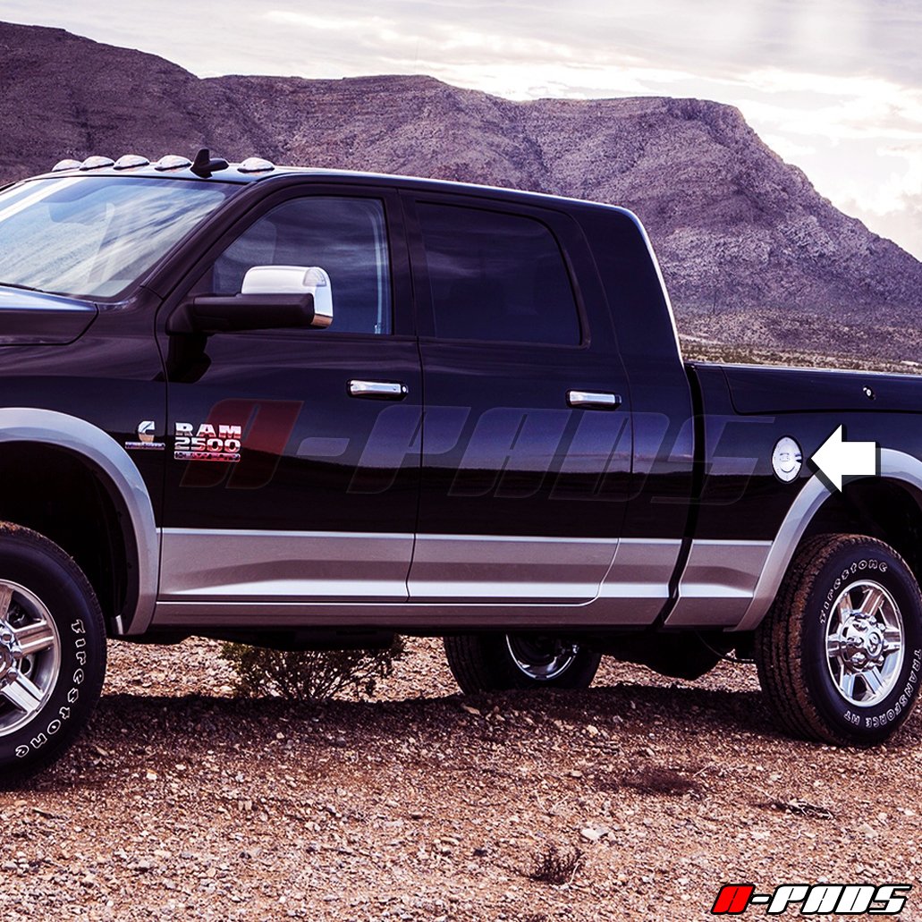 A-PADS (NOT for replacement click on, JUST overlay Stick on) Chrome Gas Door Cover for 2009-10 11 12 13 14 15 2016 Dodge RAM 1500 & 2500/3500 2010-2016 - Chromed Fuel Cap Tank