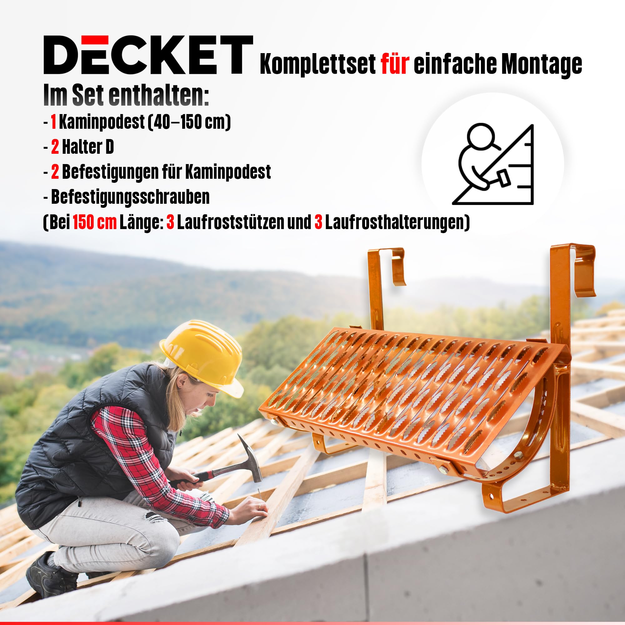 Laufrost für Dach & Schornstein, Komplettset Typ D mit Dachtritt, Haltern, Befestigungen & Befestigungsschrauben, Trittfläche zur Bewegung auf dem Dach, Laufgitter, 60 cm Länge, Verzinkt