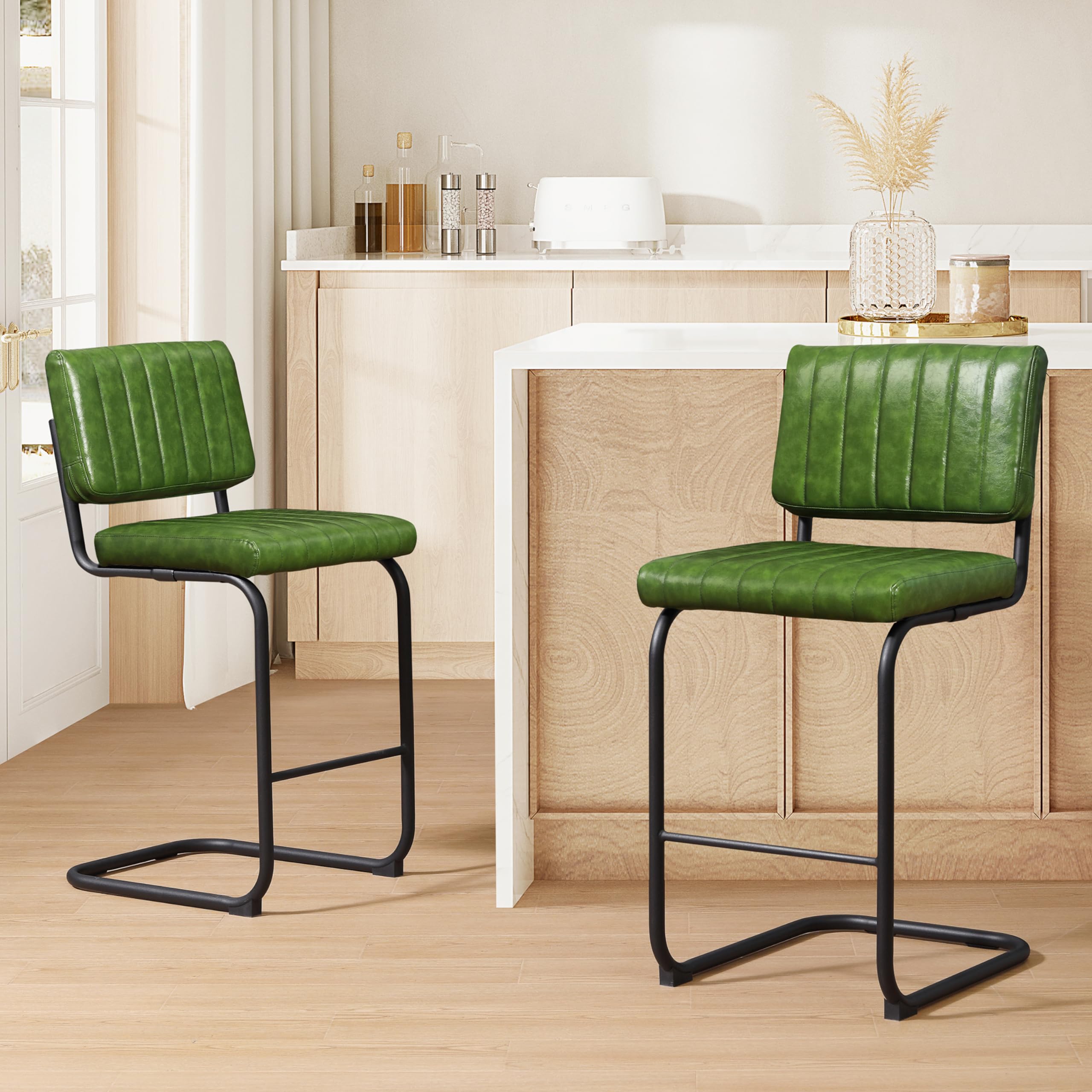 Art Leon Bar Stools Set of 2, Modern 26 Inch Counter Height Bar Stools, Faux Leather Upholstered Kitchen Counter Stools, Barstools Bar Height with Black Metal Legs for Dining Island, Olive Green