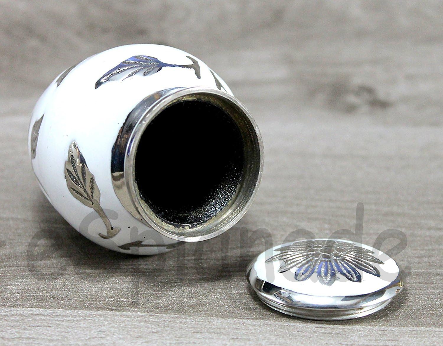 eSplanade Metal Cremation Mini urn Keepsake Memorial | Small urn for Ashes Funeral Burial Container jar Pot | Color - White(Silver Carved) Size-4.5 Inches