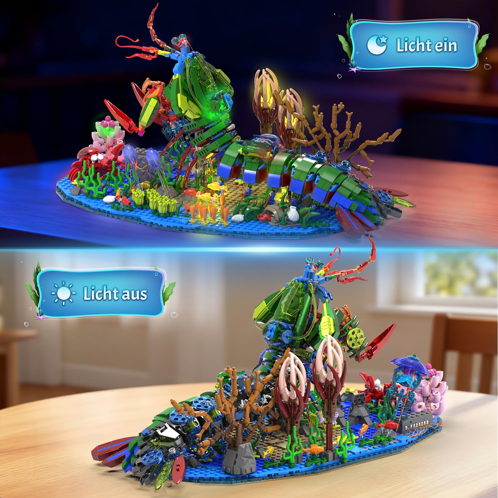 Mechanische Gottesanbeterin Garnele Bausteine Set,Meerestiere Bauspielzeug mit Miniatur Unterwasserlandschaft und LED Beleuchtung,DIY Modellbausatz für Erwachsene und Jugendliche（1843 Stück）